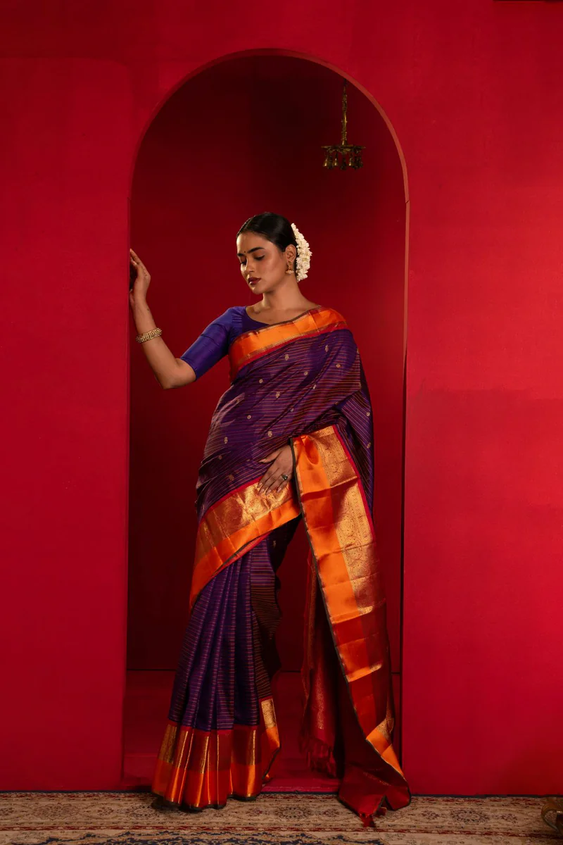 Silk Saree — Purple with Orange Border