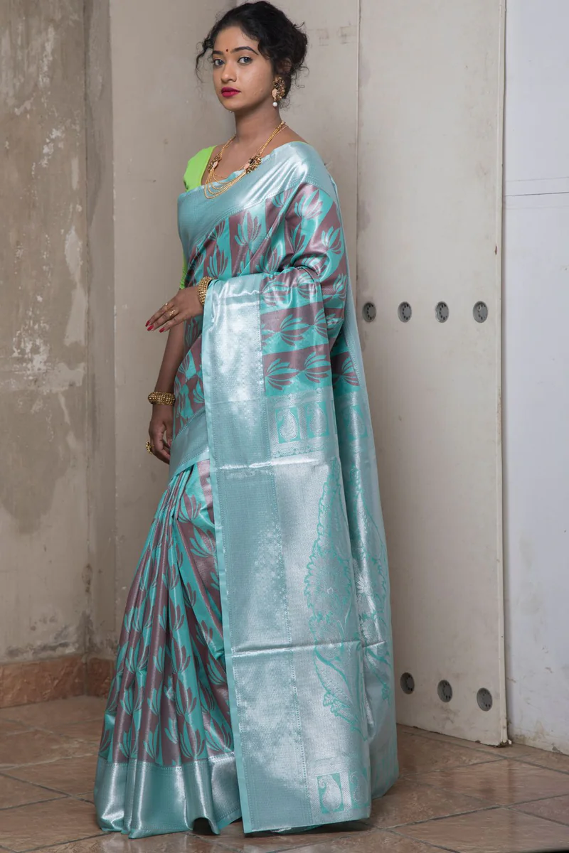 Silk Saree — Sea Green with Silver Zari 2