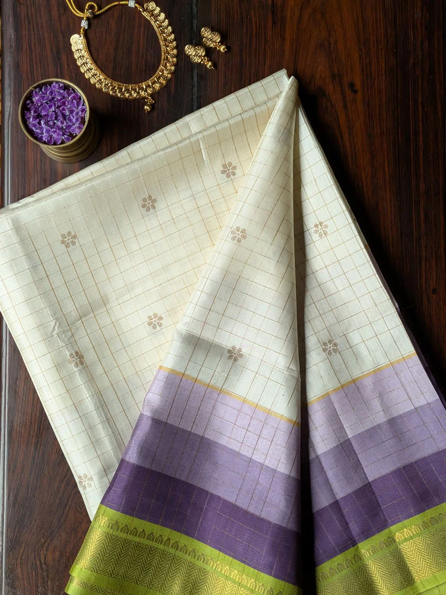 Silk Saree — Cream Checks, Lavender Border