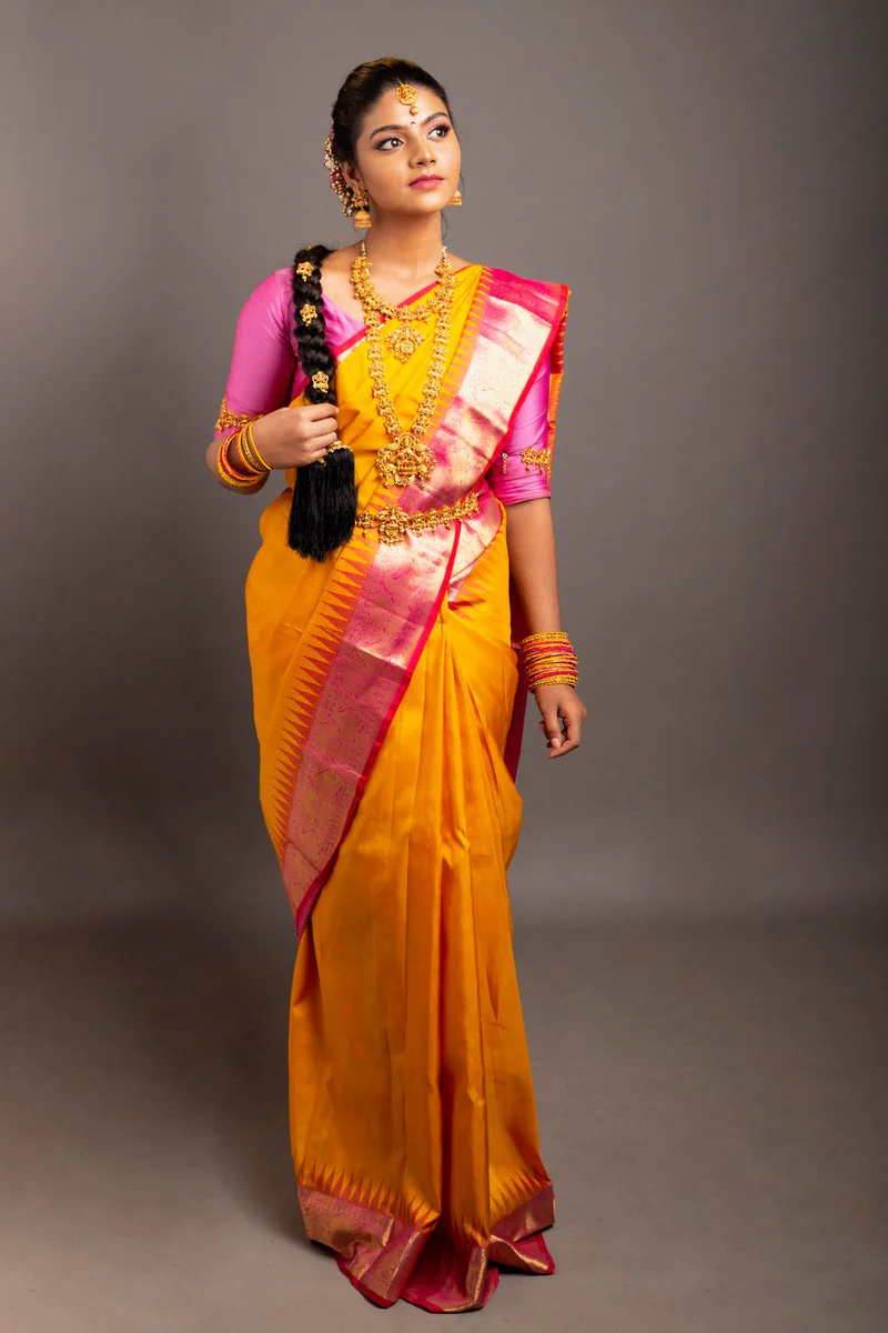 Silk Saree — Yellow with Pink Border