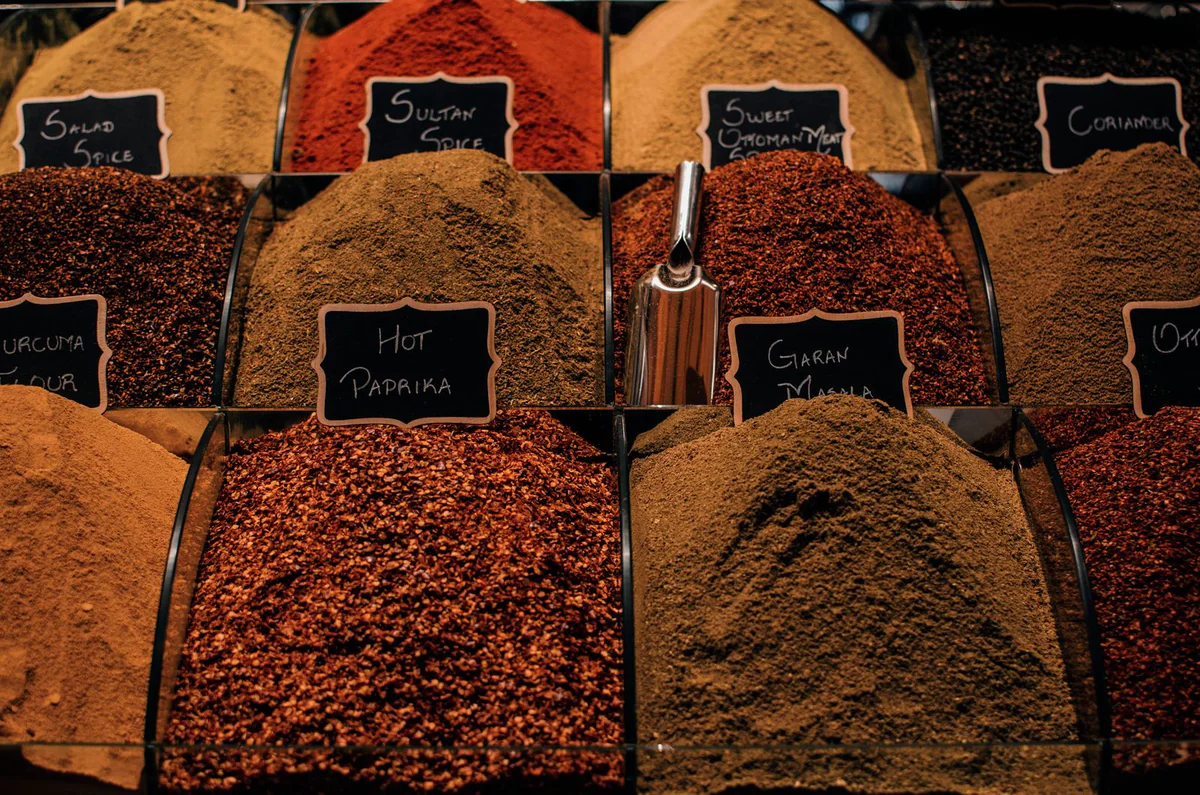 Bins of spices at a market
