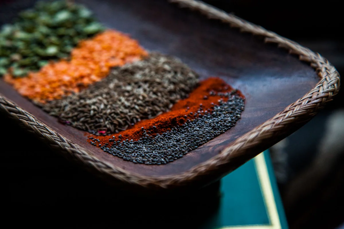 Kerala spices on a wicker tray