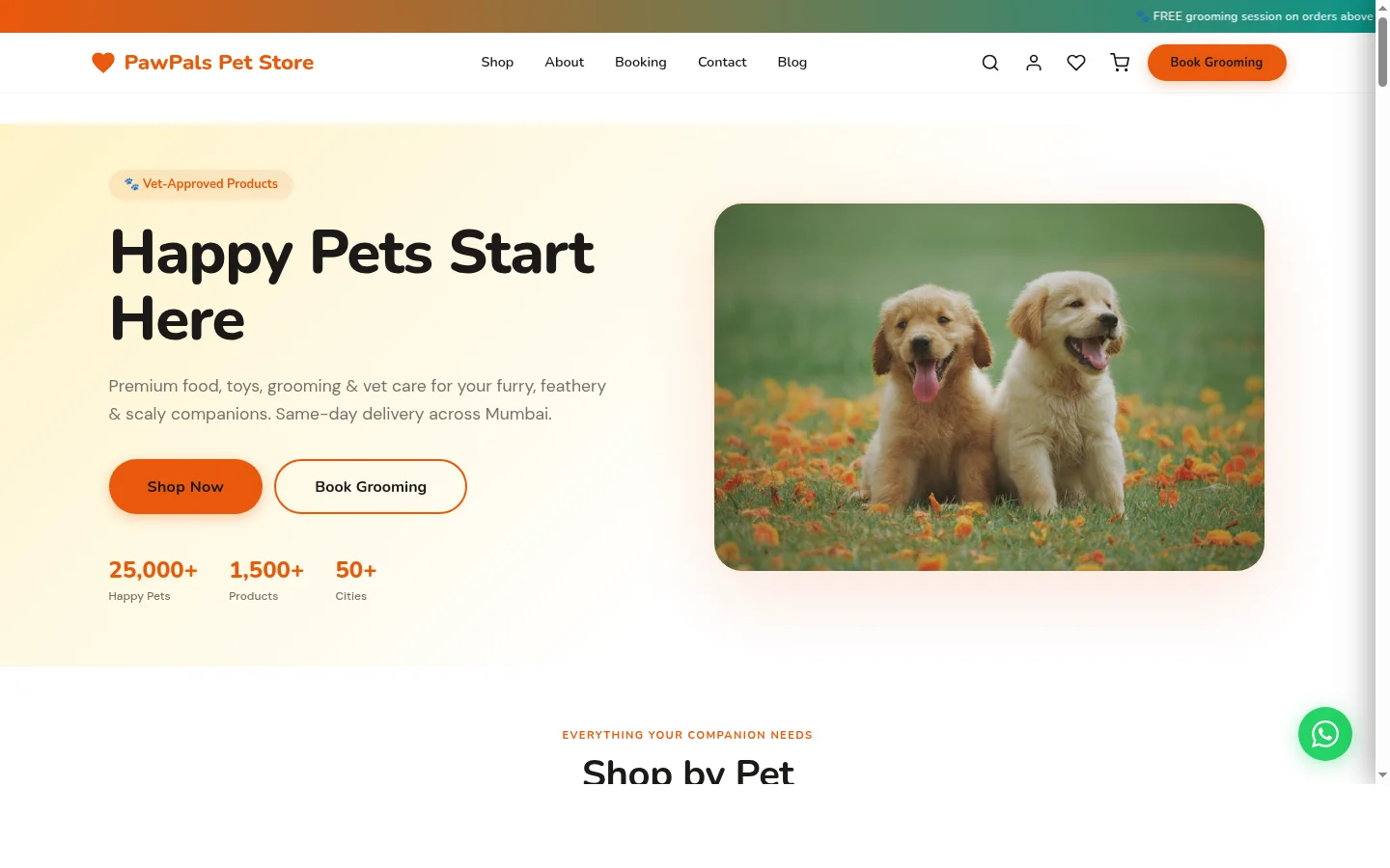 PawPals Pet Store — Pet Shop website design