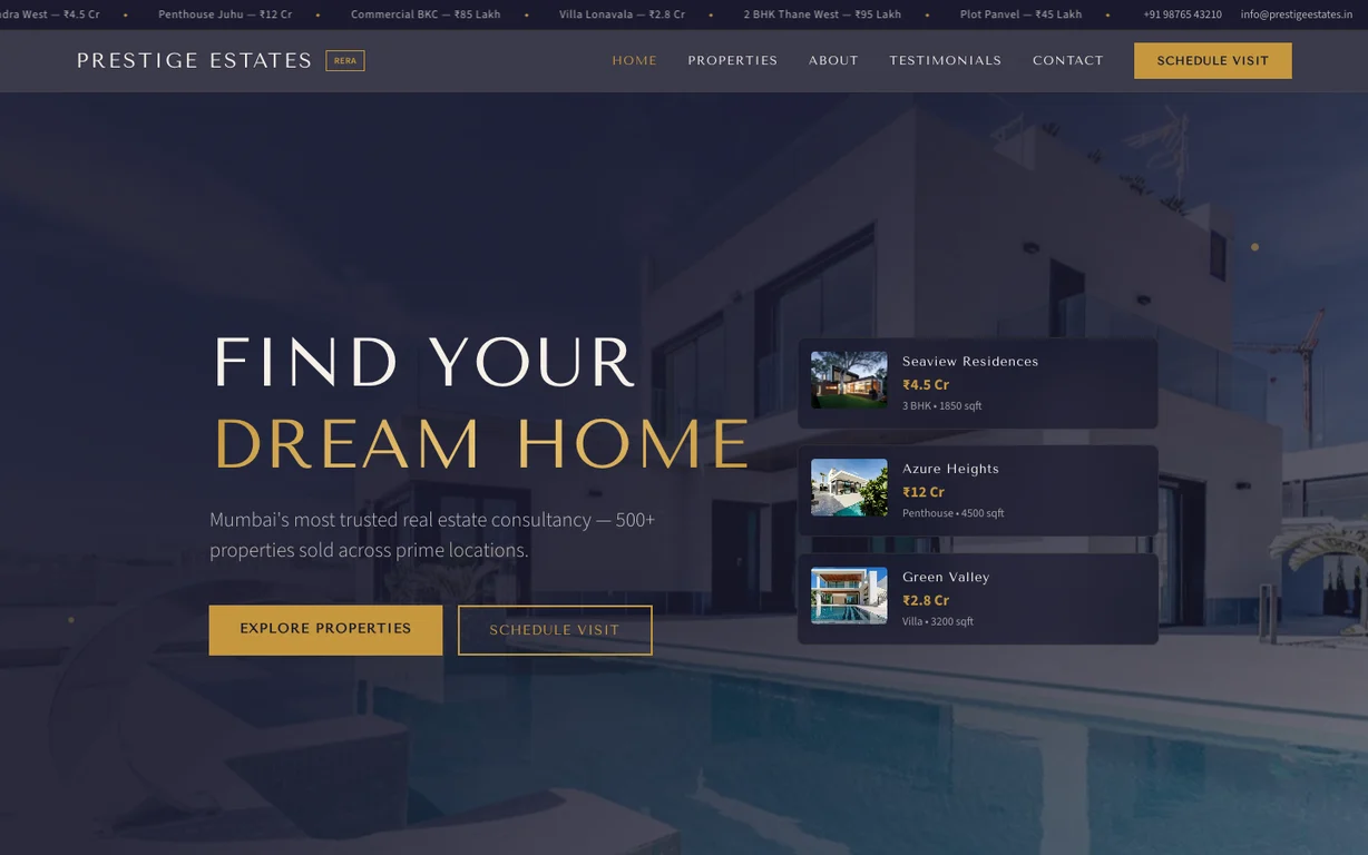 Prestige Estates — Real Estate Agent & Builder website design