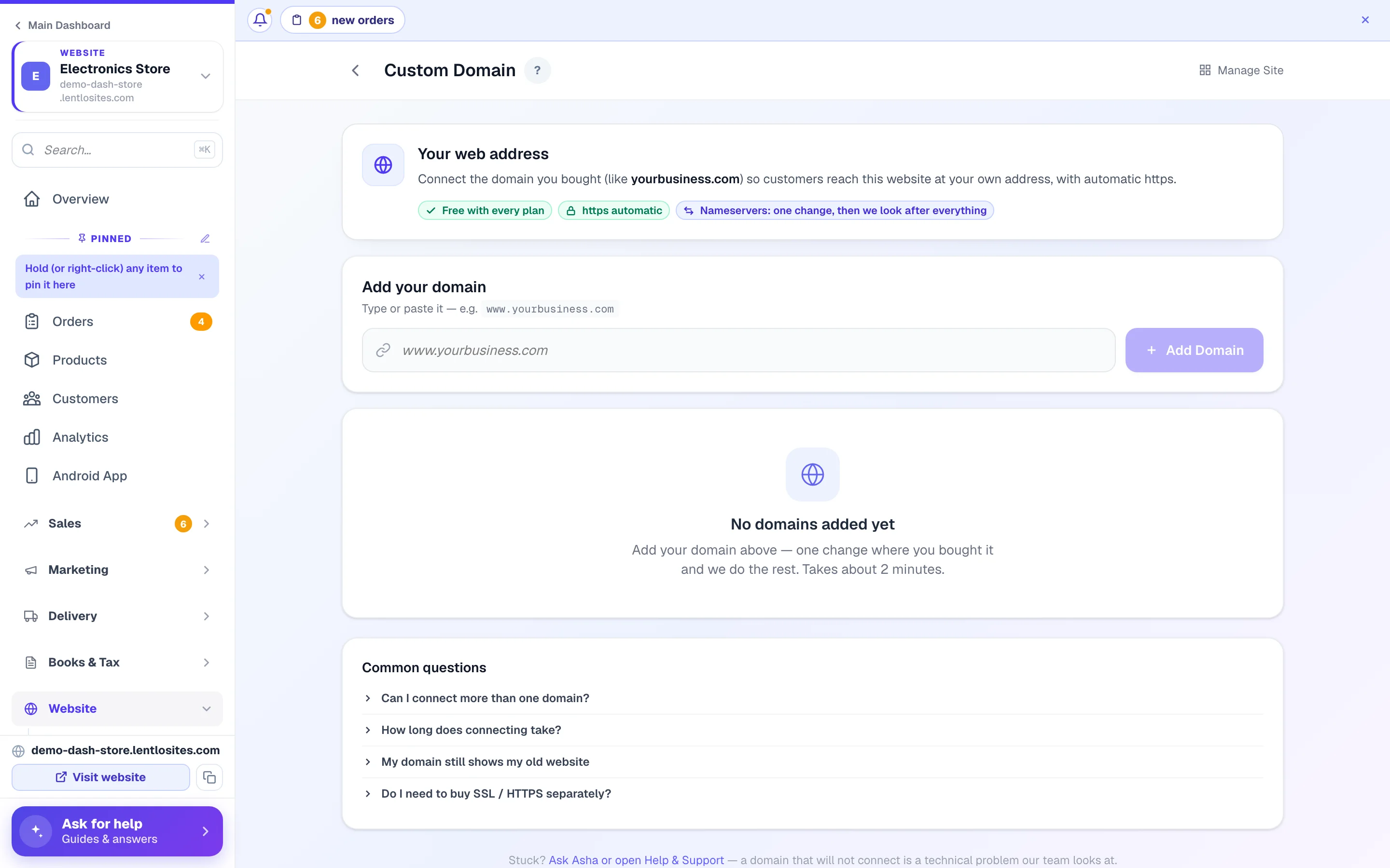 The Domains page — where you point your own .com at this website.
