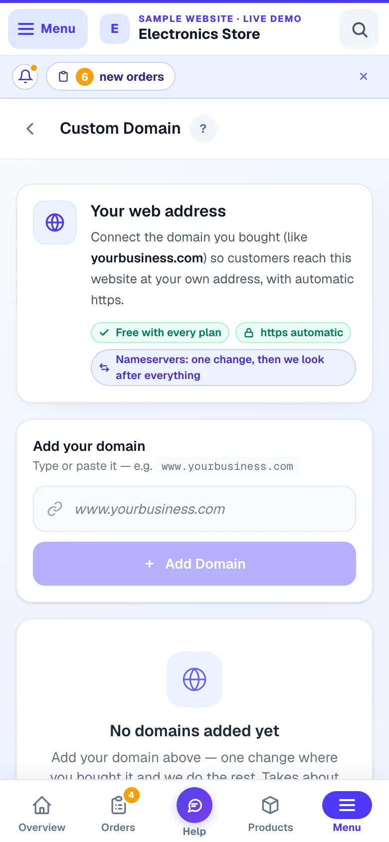 The Domains page — where you point your own .com at this website. — phone view