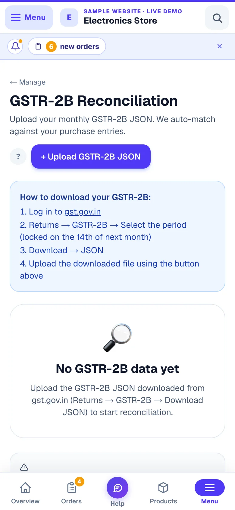 Upload the GSTR-2B file from gst.gov.in — how to download it is written right on the page. — phone view