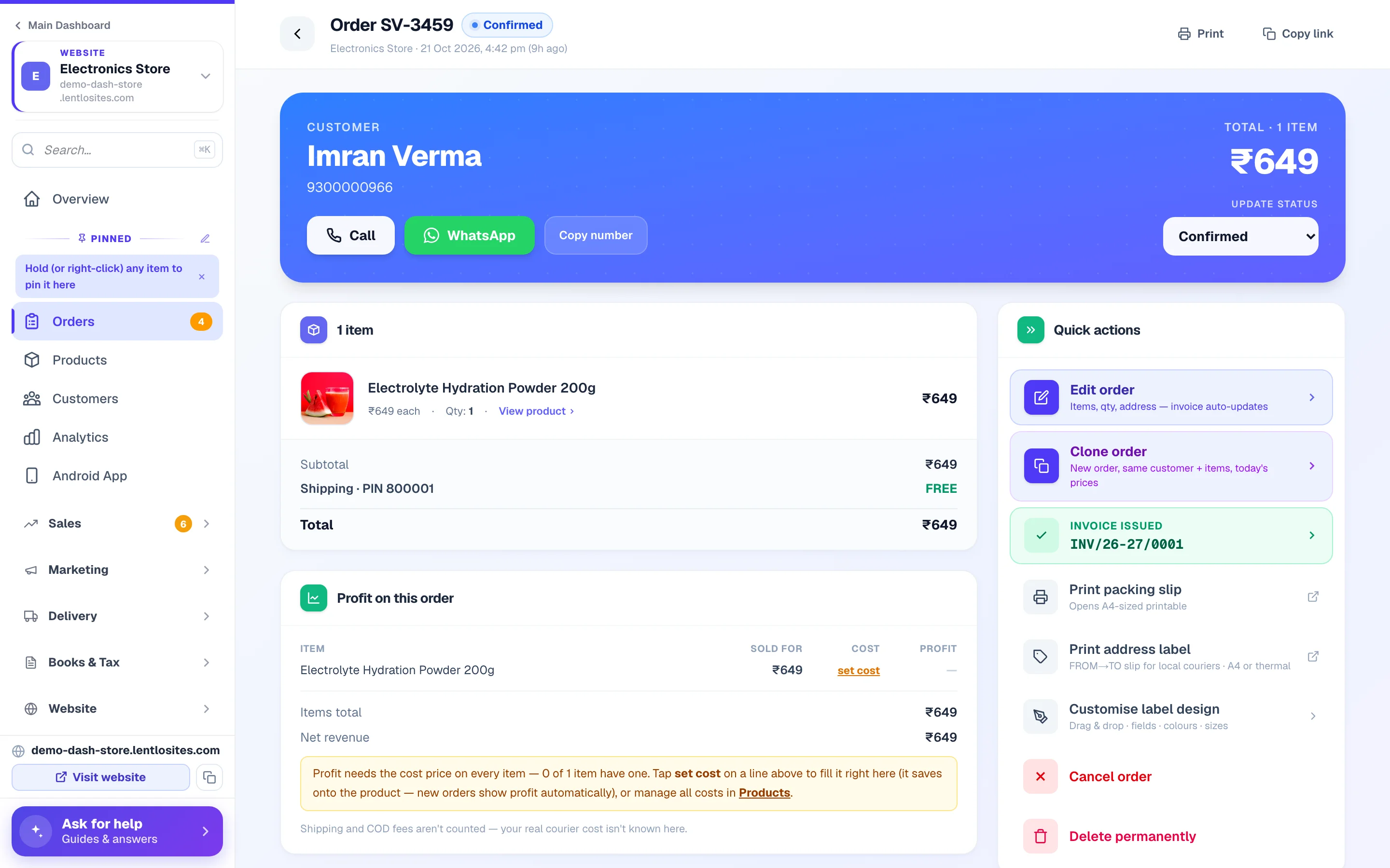 An order's own page — the customer, what they bought, the status box and the quick actions.