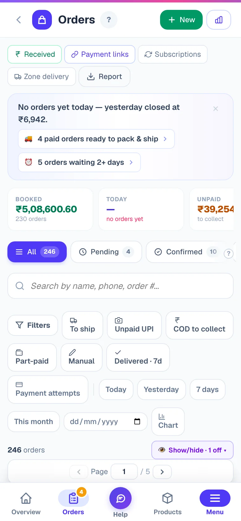 Booked, today, unpaid, needs action and the last 7 days — the numbers to check first. — phone view