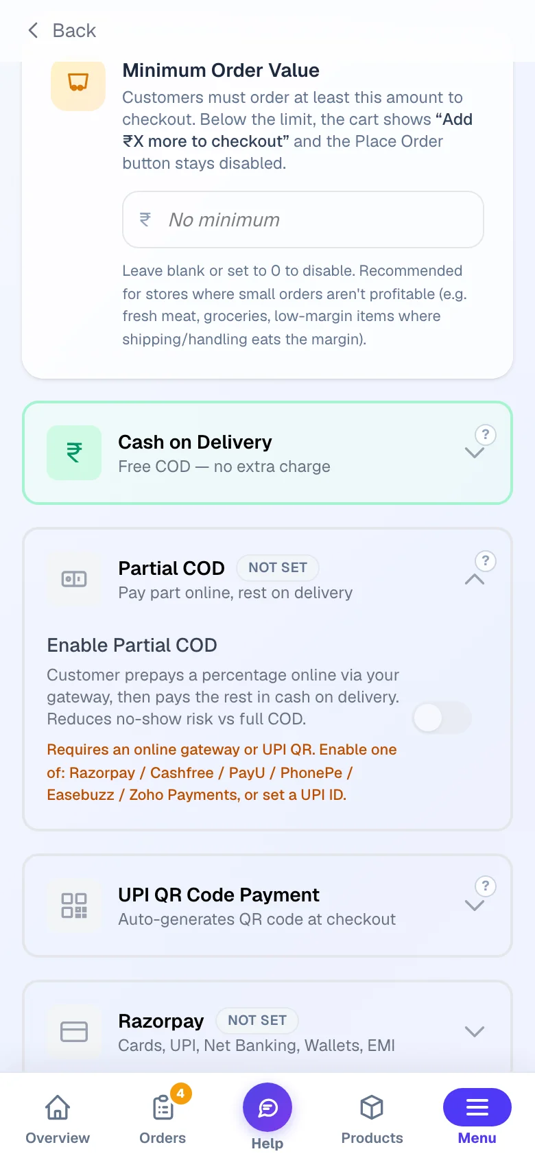 Partial COD has its own card — part payment online, the rest at the door. — phone view