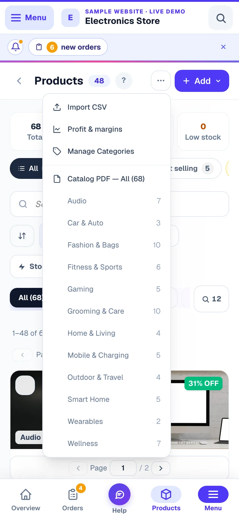 The More menu — Import CSV, profit & margins, categories and your catalogue PDF. — phone view
