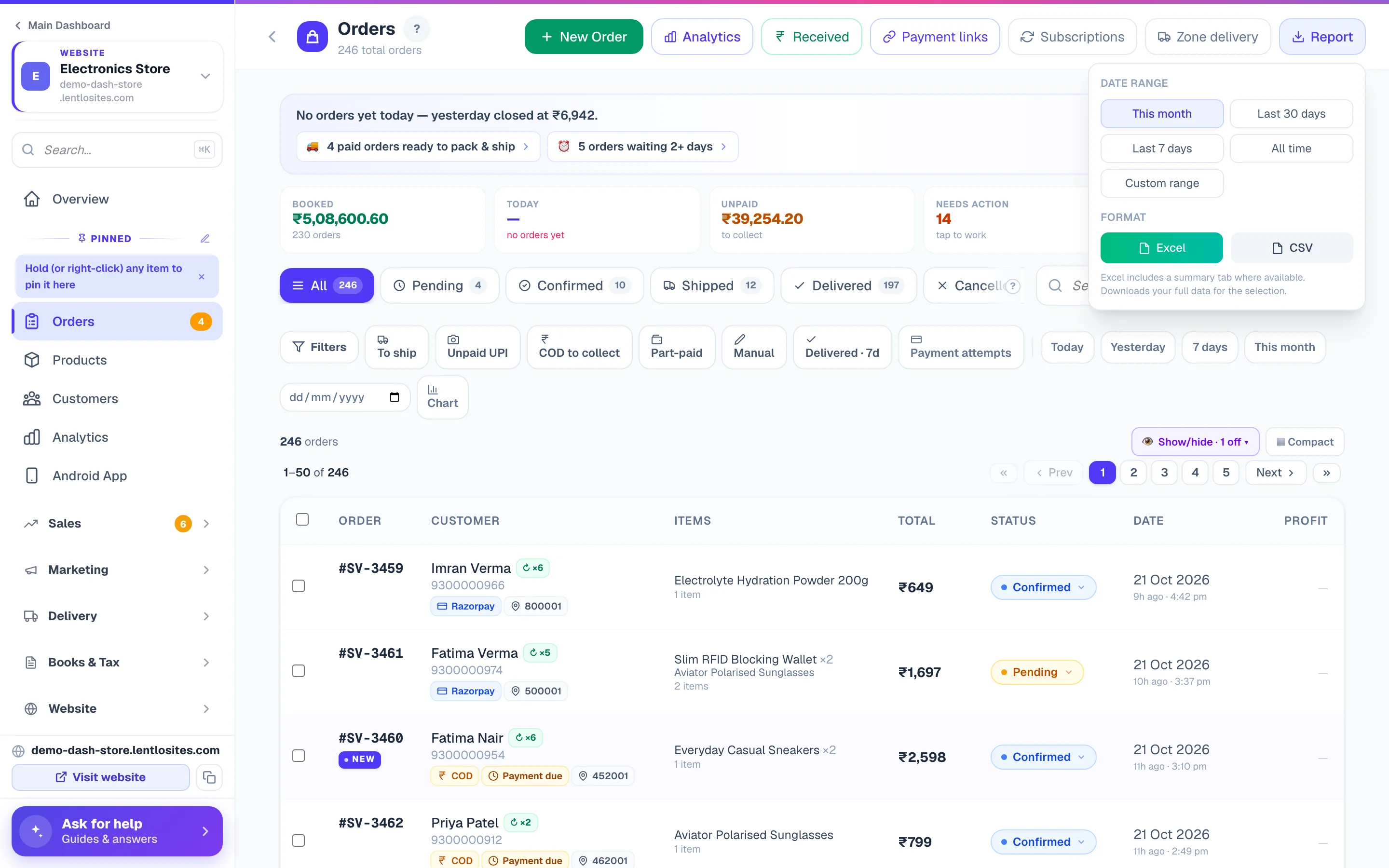 Orders → Report — pick the dates and the format, then download.