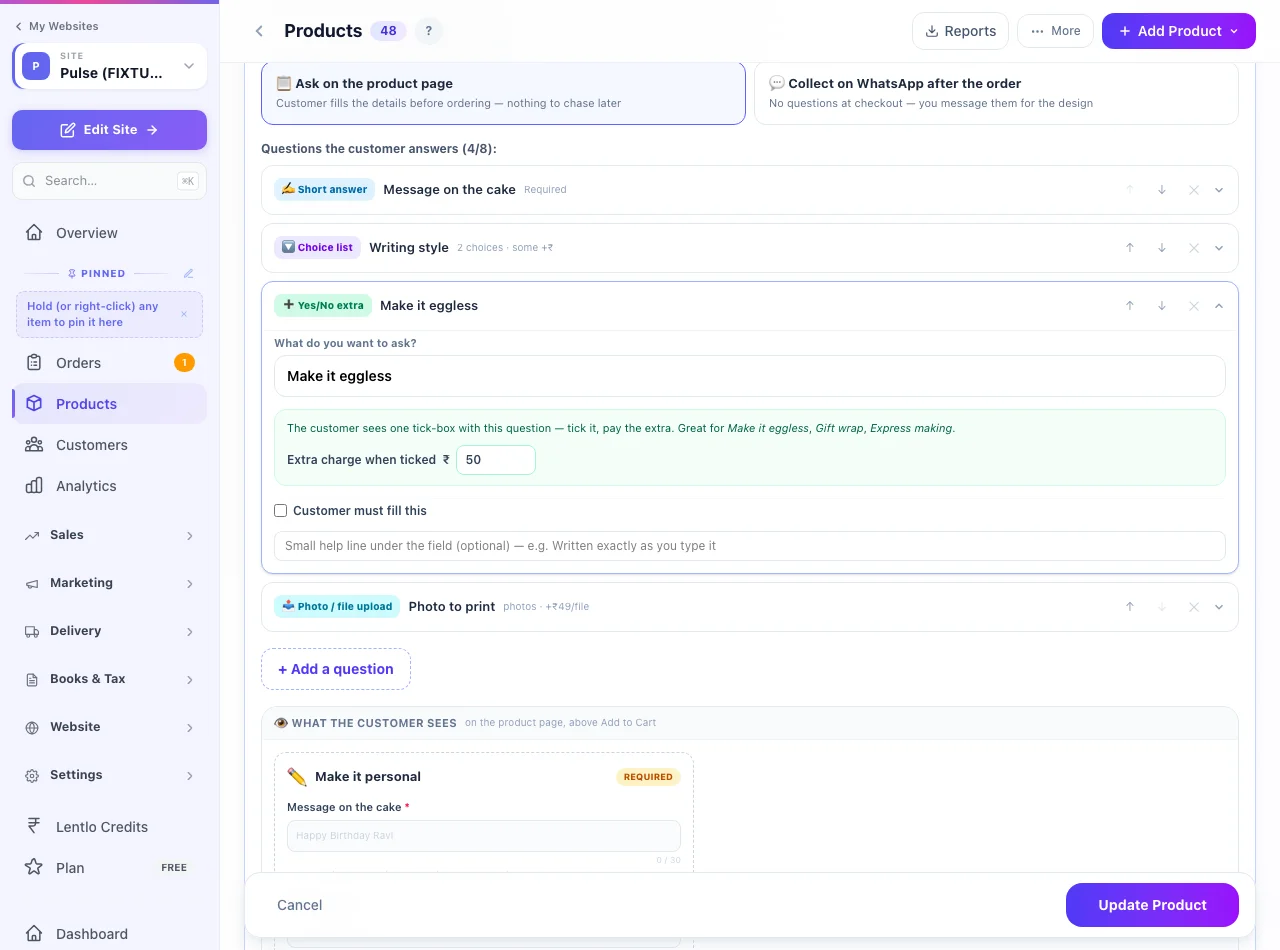 The live preview showing exactly what the customer will see on the product page