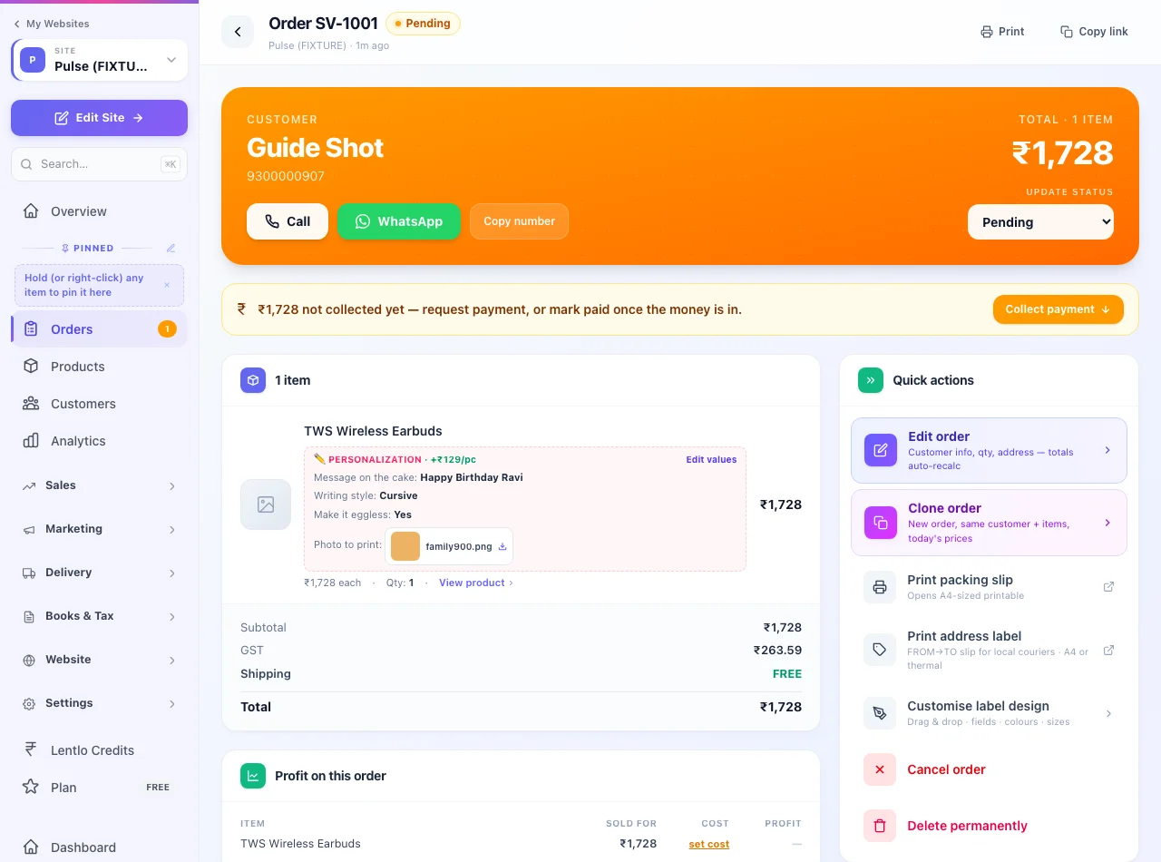 An order page showing the personalization block with answers, add-on price and a downloadable photo