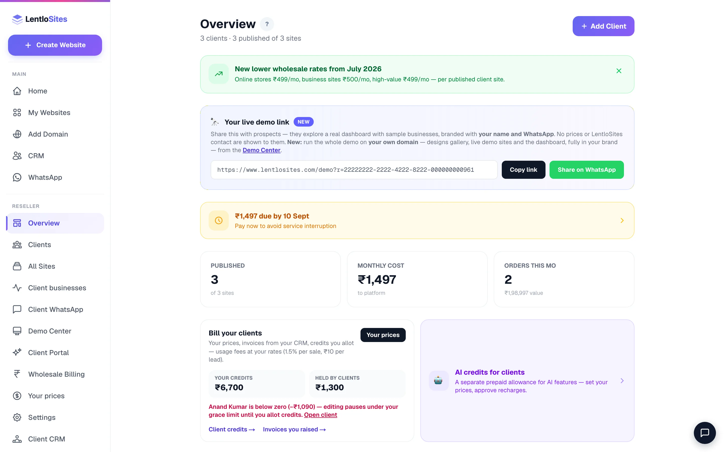 Your reseller home: clients and published sites, this month's wholesale cost and client orders, your demo link, and the money you run yourself.