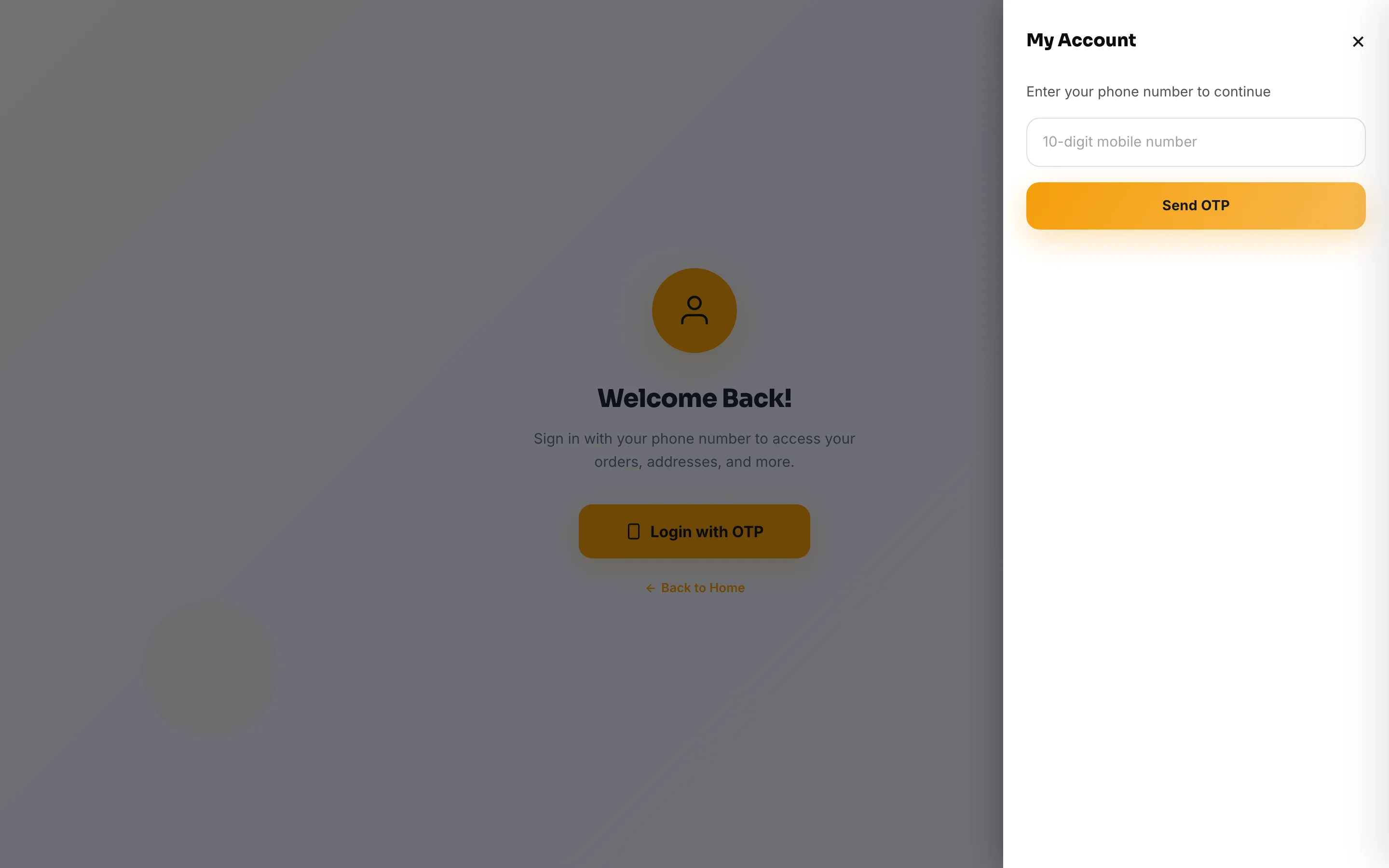 Signing in on your website: a mobile number and a one-time code. There is no password to forget, which is why almost nobody gets locked out.