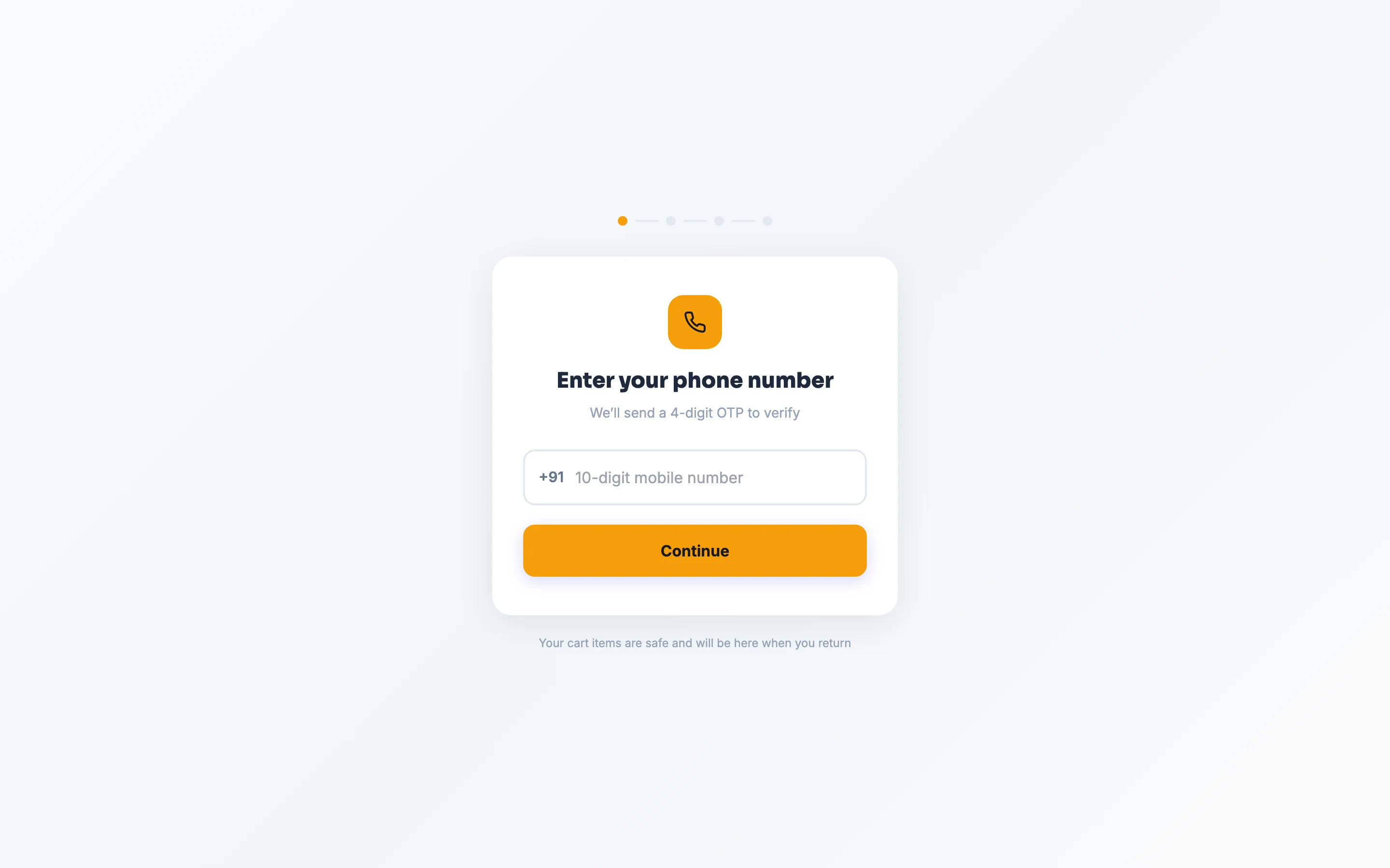 Checkout opens with a phone number — address and payment come next.