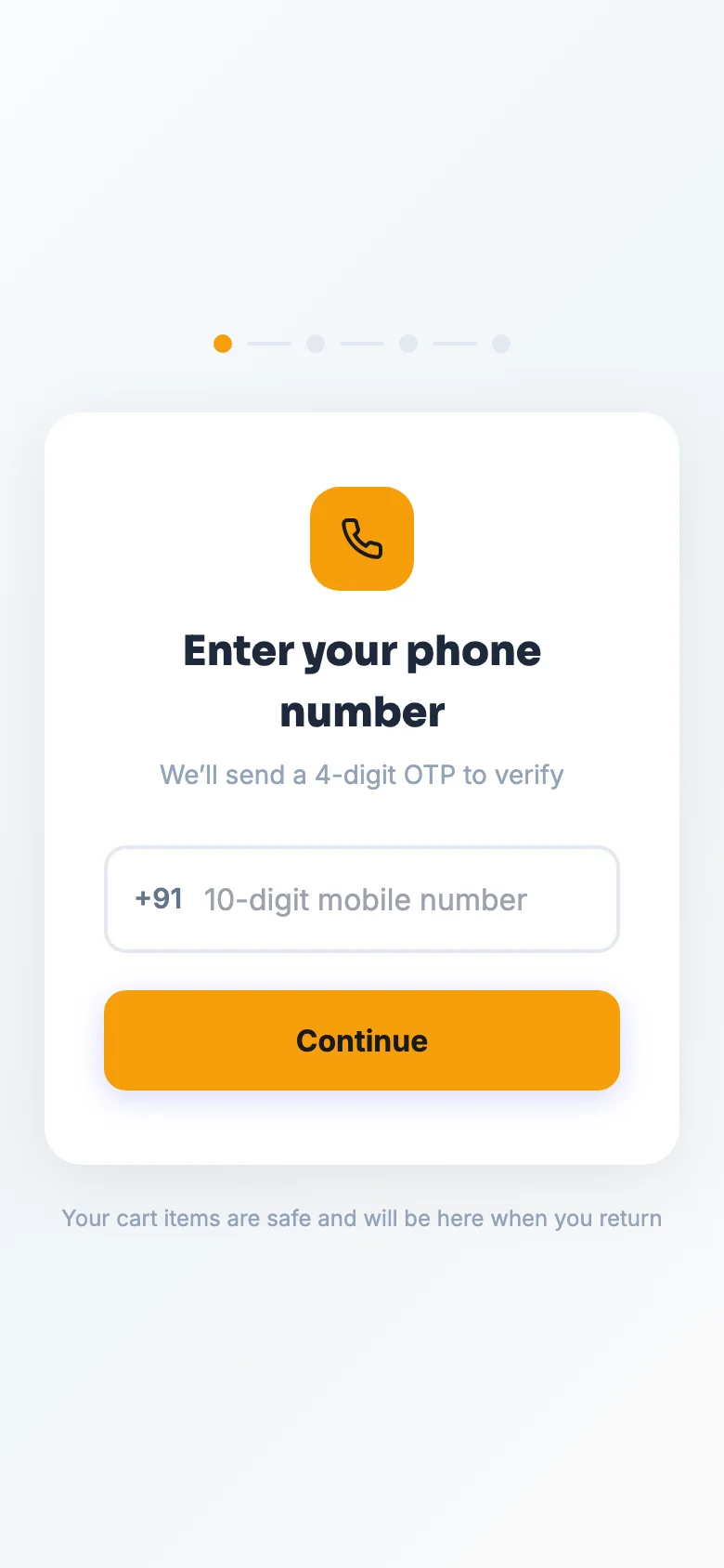 Checkout opens with a phone number — address and payment come next. — phone view