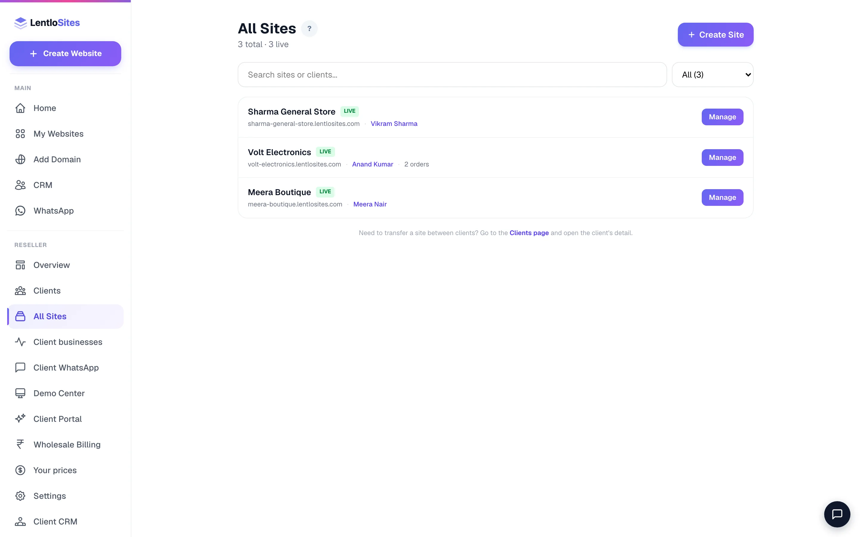 All Sites: every website across every client, with a Manage button on each row.