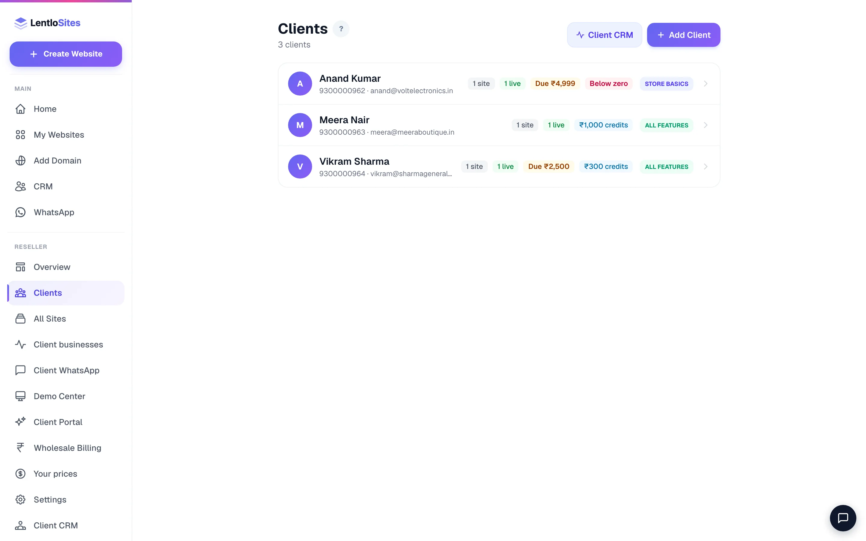 Clients: one row per client — sites, live count, package, dues, credits and renewals at a glance.