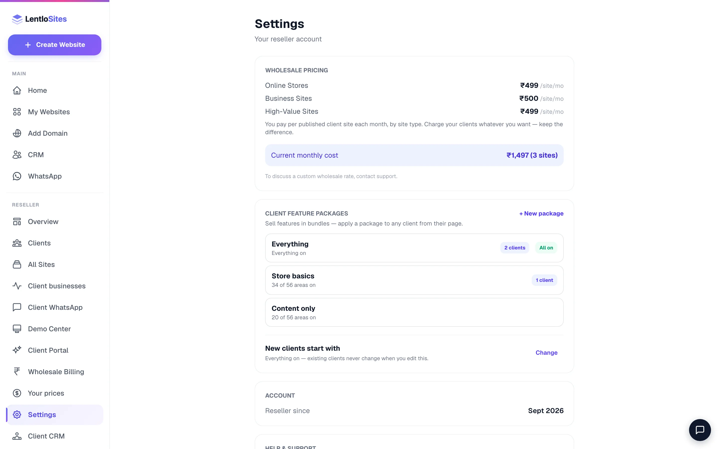 Settings: your wholesale discount, client feature packages, account details and the leave option.