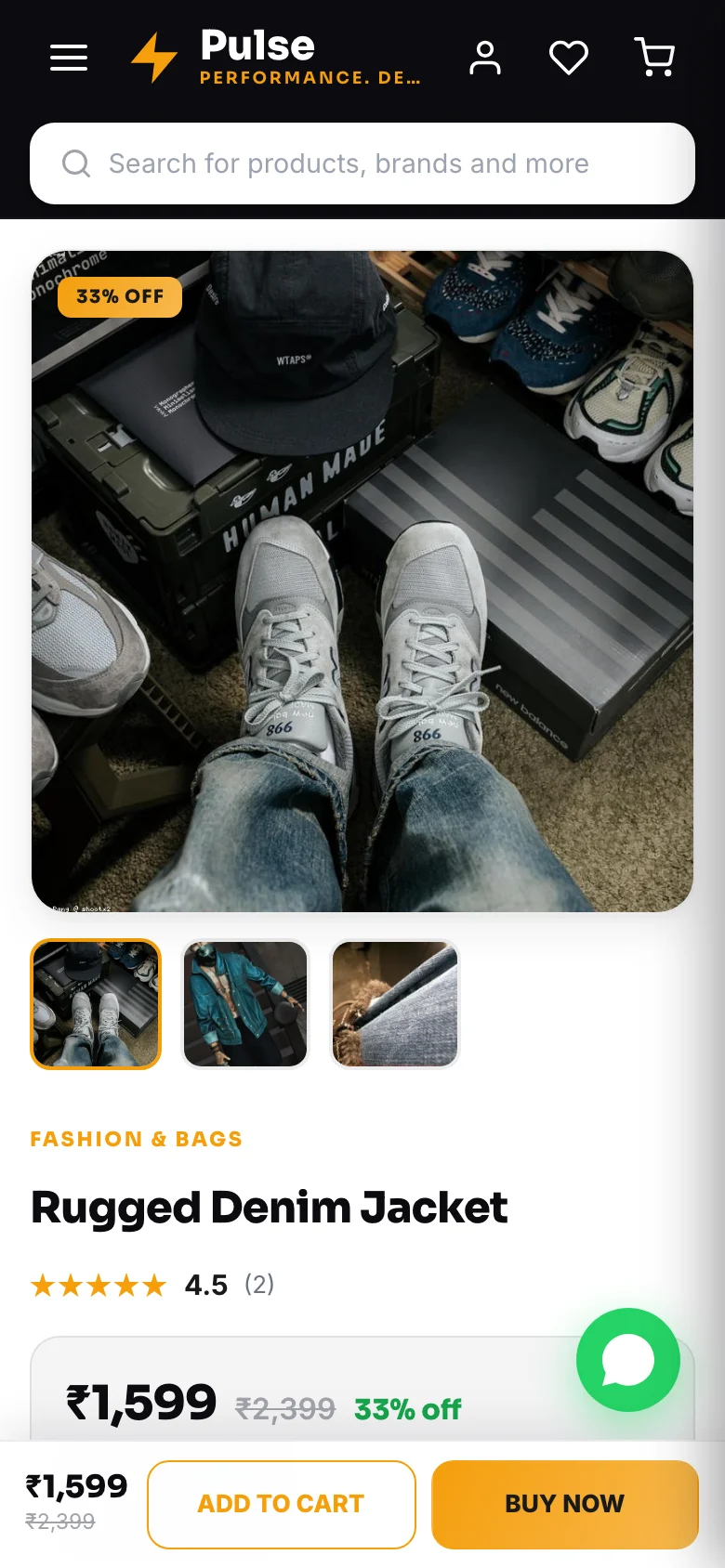 A product page on a phone — reviews sit below the buy buttons.