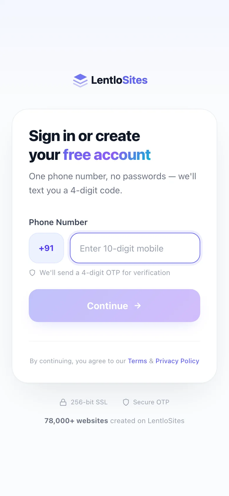 Signing in takes one OTP — no password to remember. — phone view