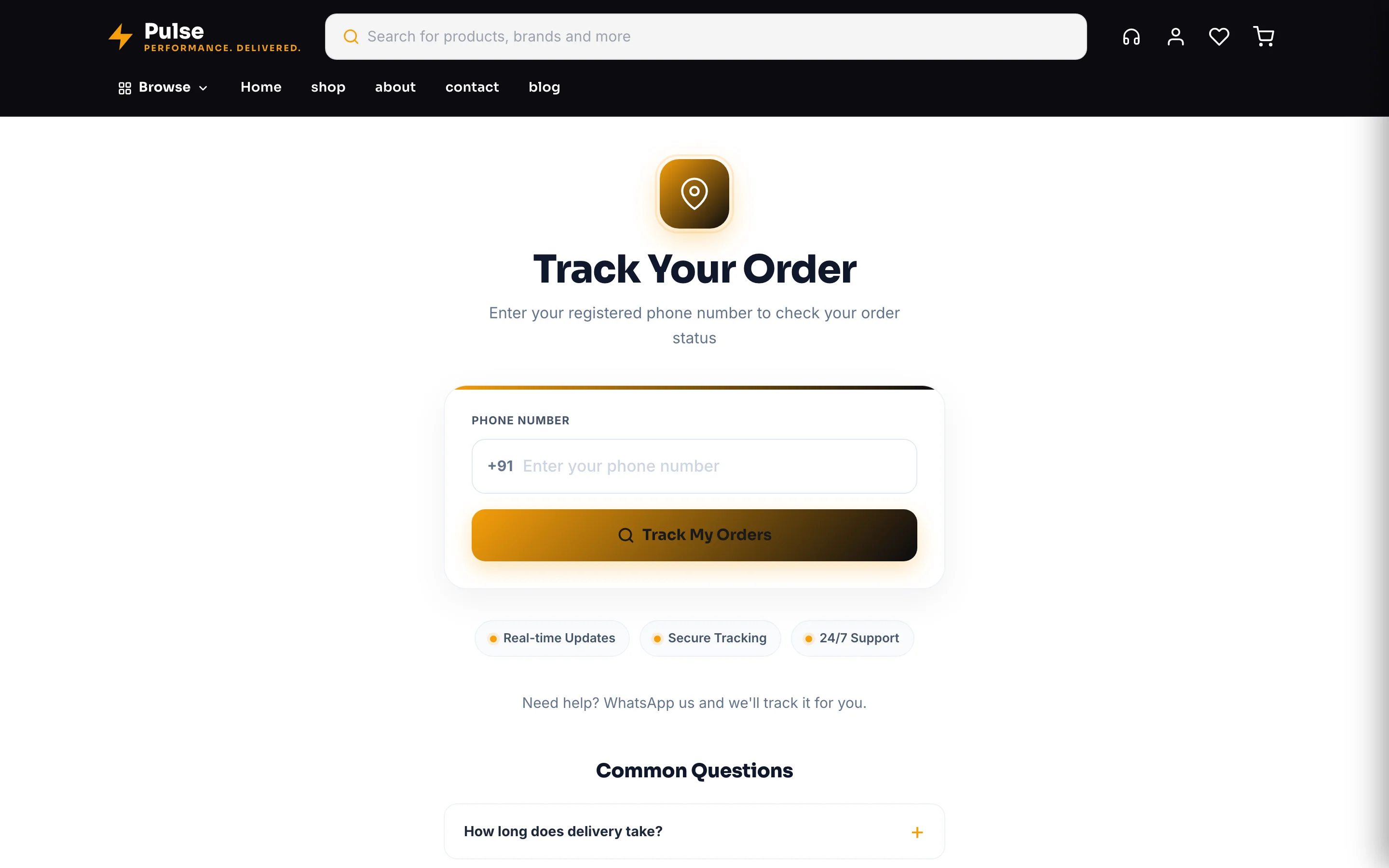 Track Order on your live website — the customer types the mobile number they ordered with. No account, no password.
