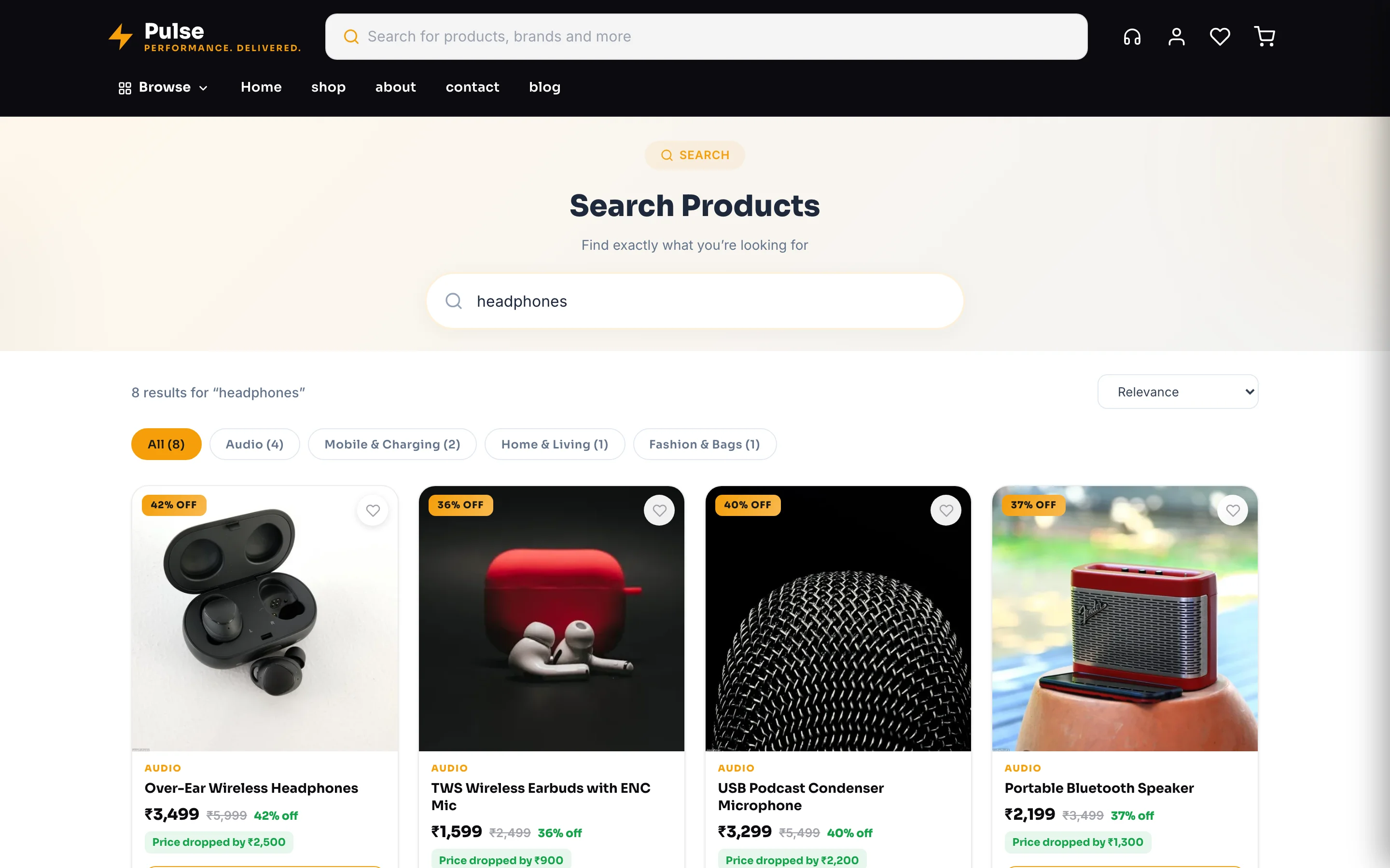 The search page: results from your whole catalogue with category chips, and a heart on every card that saves the item to that customer’s wishlist.