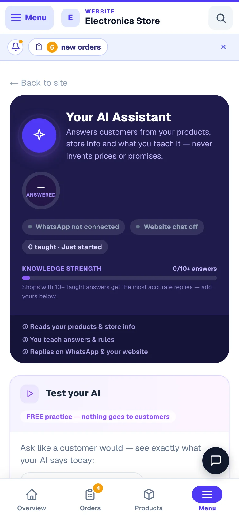 Your AI assistant — trained on your own answers. — phone view