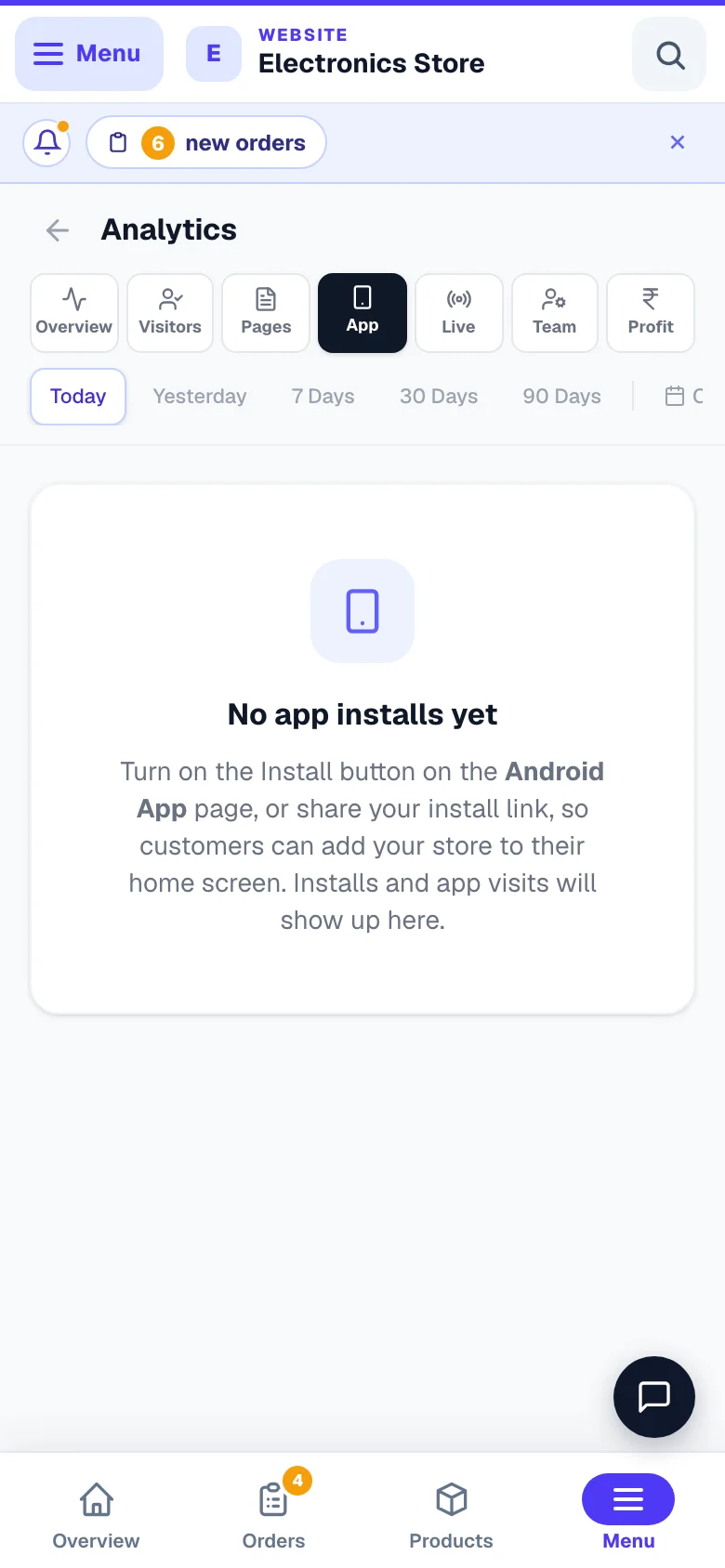 The App tab — where installs and app-visitor numbers appear once customers install your app. — phone view