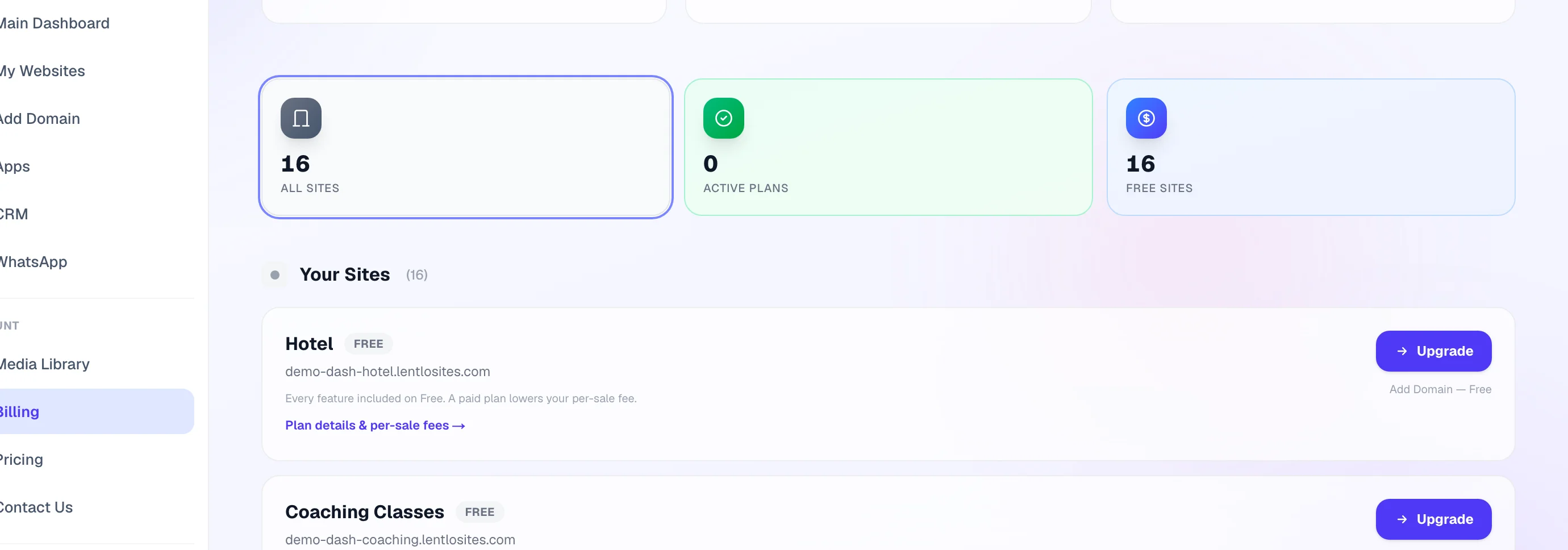 Billing & Plans: the All / Active plans / Free tiles, then one row per website. A website with no current paid plan reads Free; one whose plan ended keeps a line saying which plan ended when, and a Buy again button.