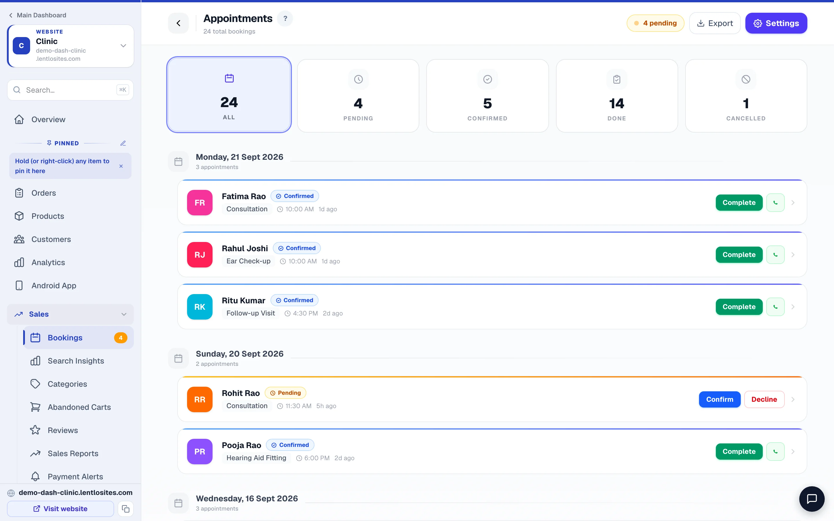 Appointments by day, with confirm and complete.
