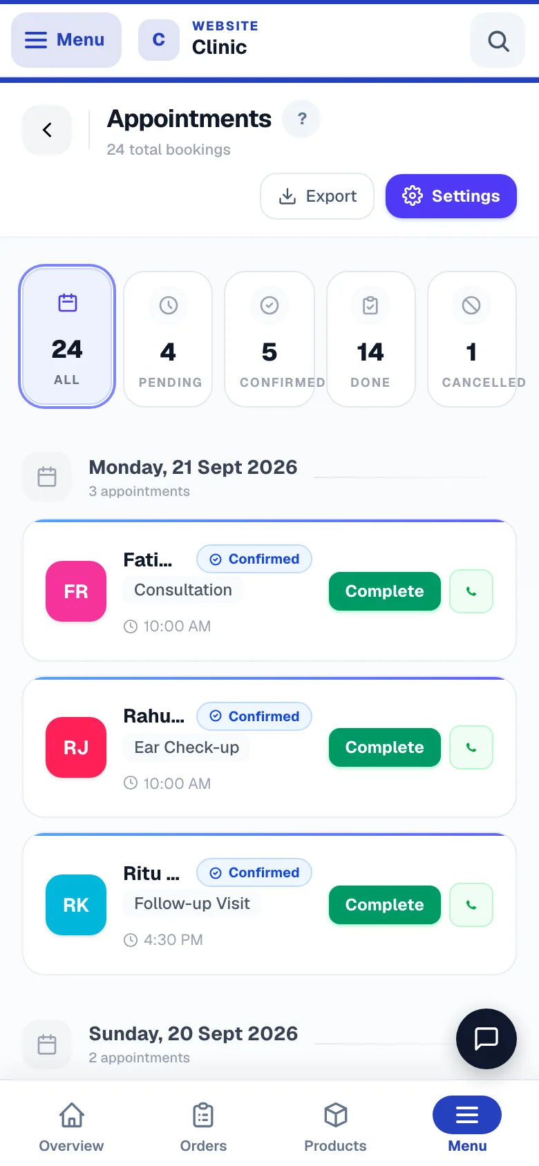 Appointments by day, with confirm and complete. — phone view