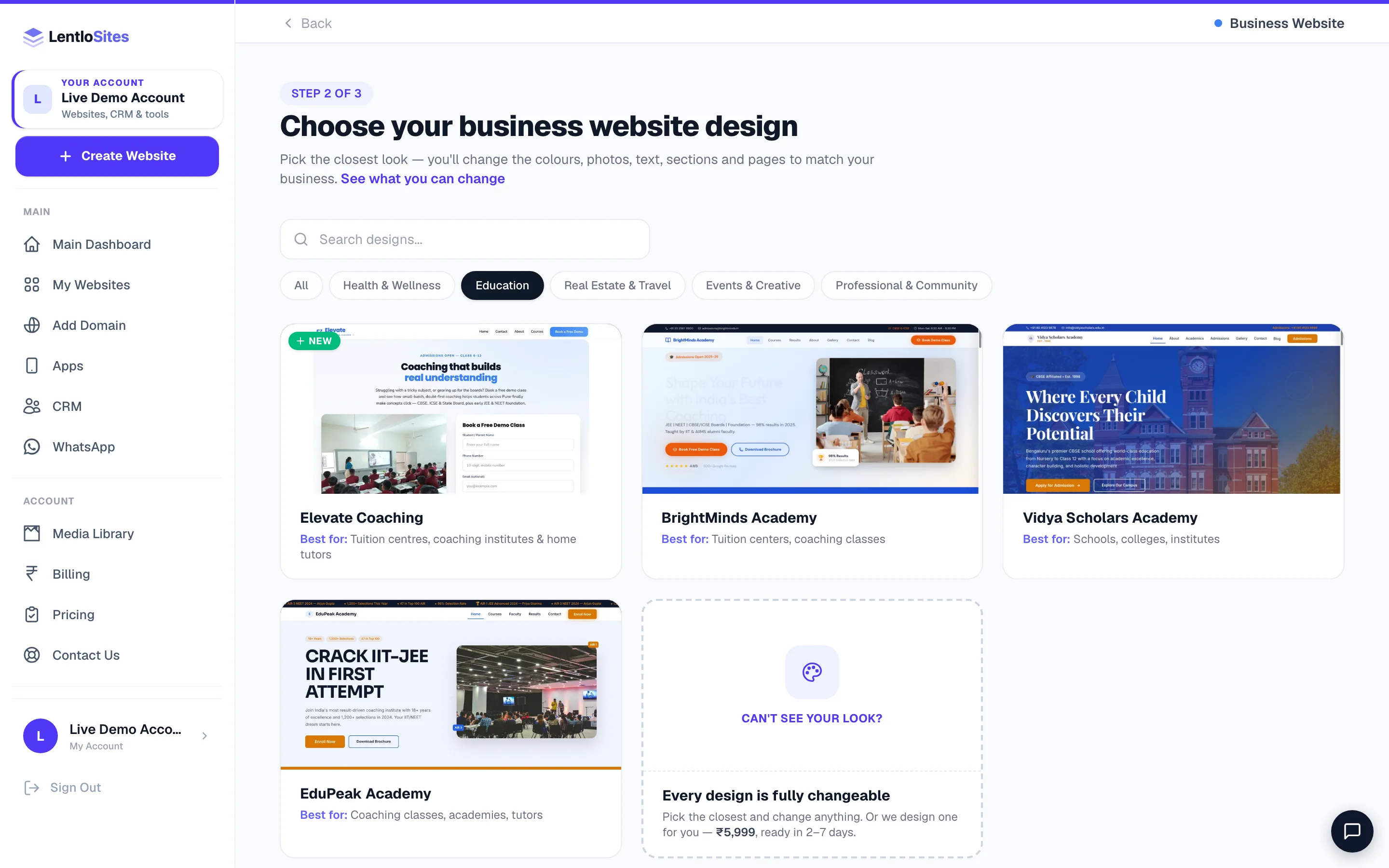 Coaching, tuition and school designs — the Education pill inside the Business Website card.