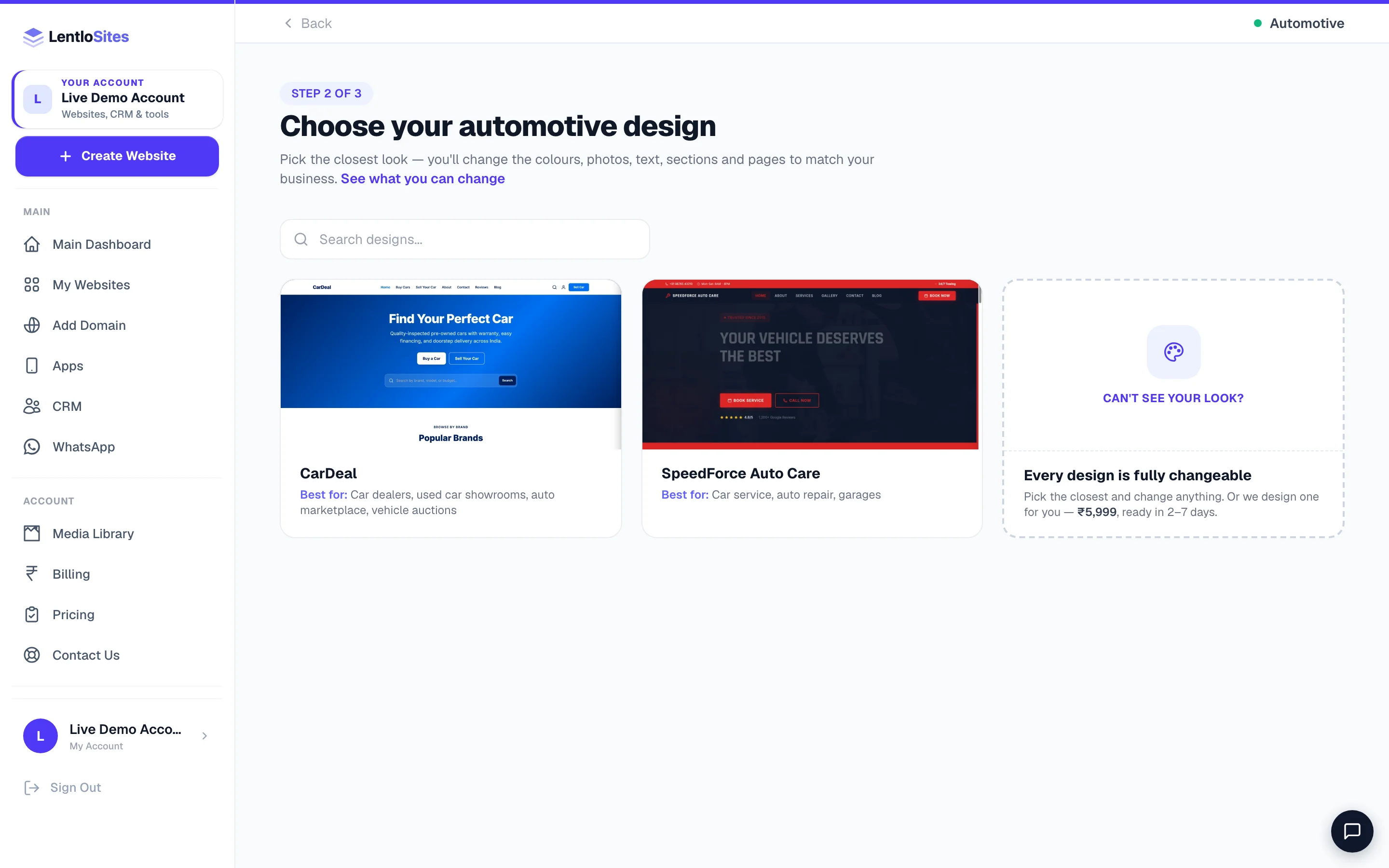 The Automotive card holds the vehicle designs — a showroom that lists cars and takes buy and sell leads, and a garage that books services.