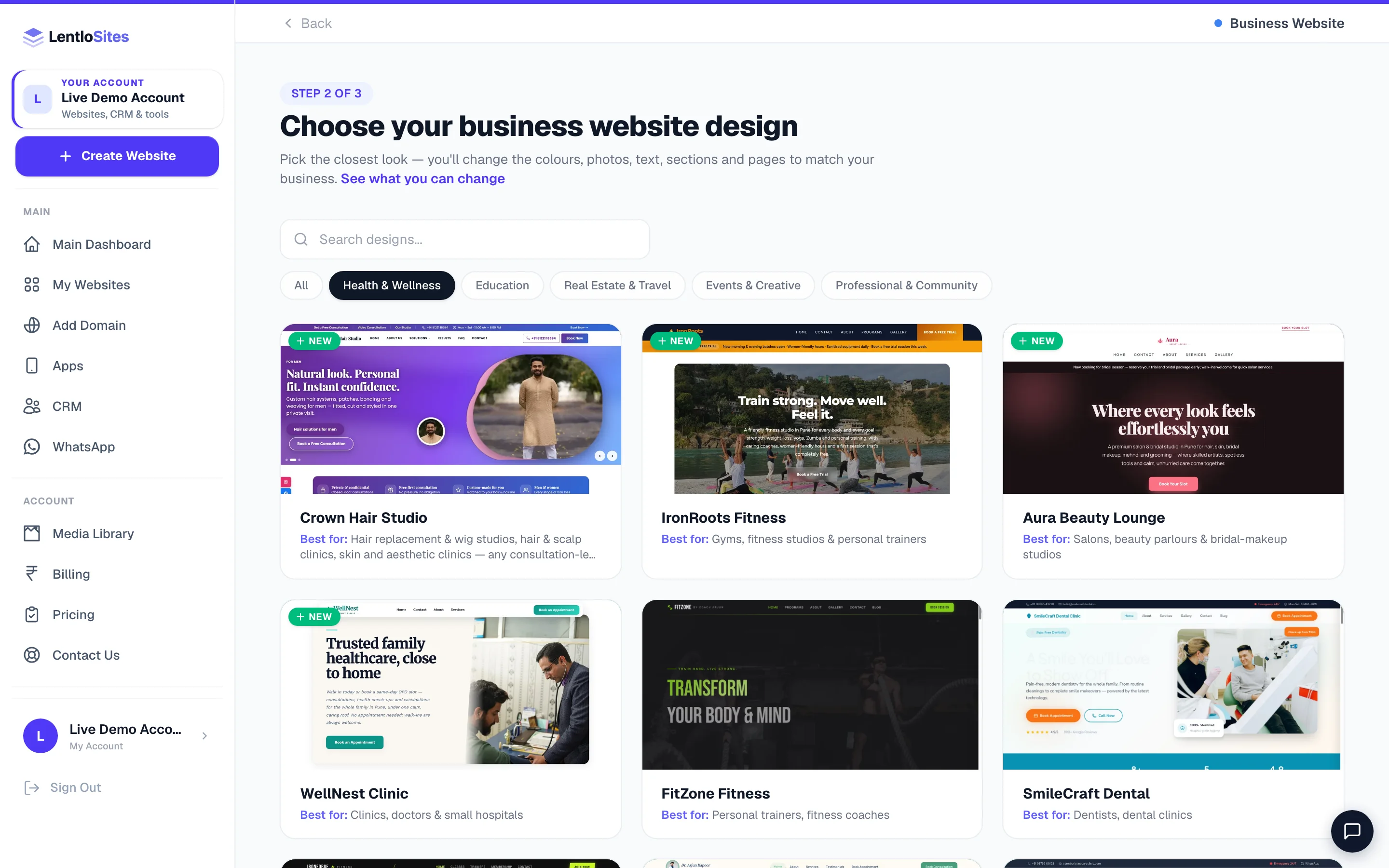 Salon, clinic, gym and wellness designs — the Health & Wellness pill inside the Business Website card.