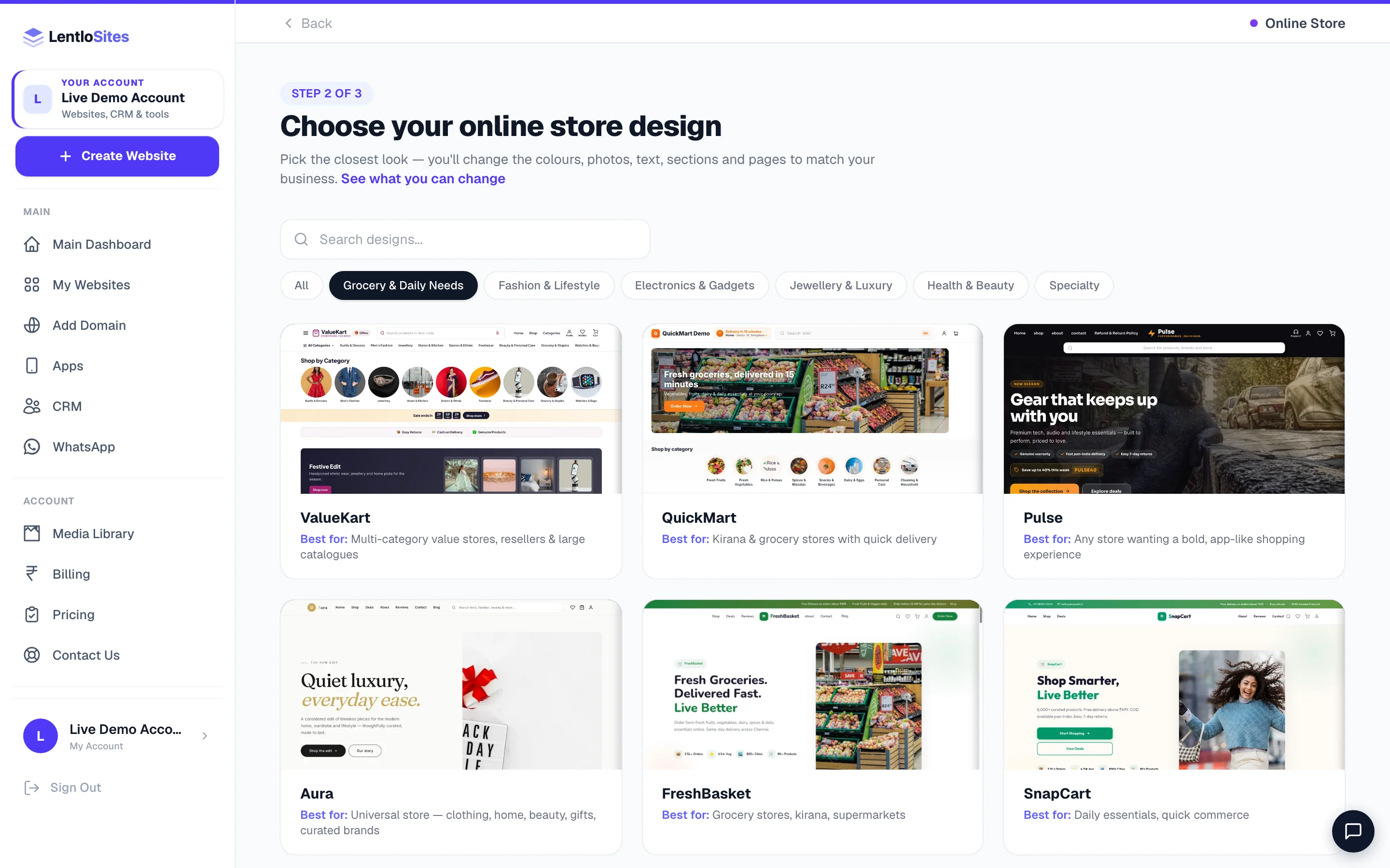 Store designs, grouped by what you sell — here the Grocery & Daily Needs pill inside the E-commerce card.