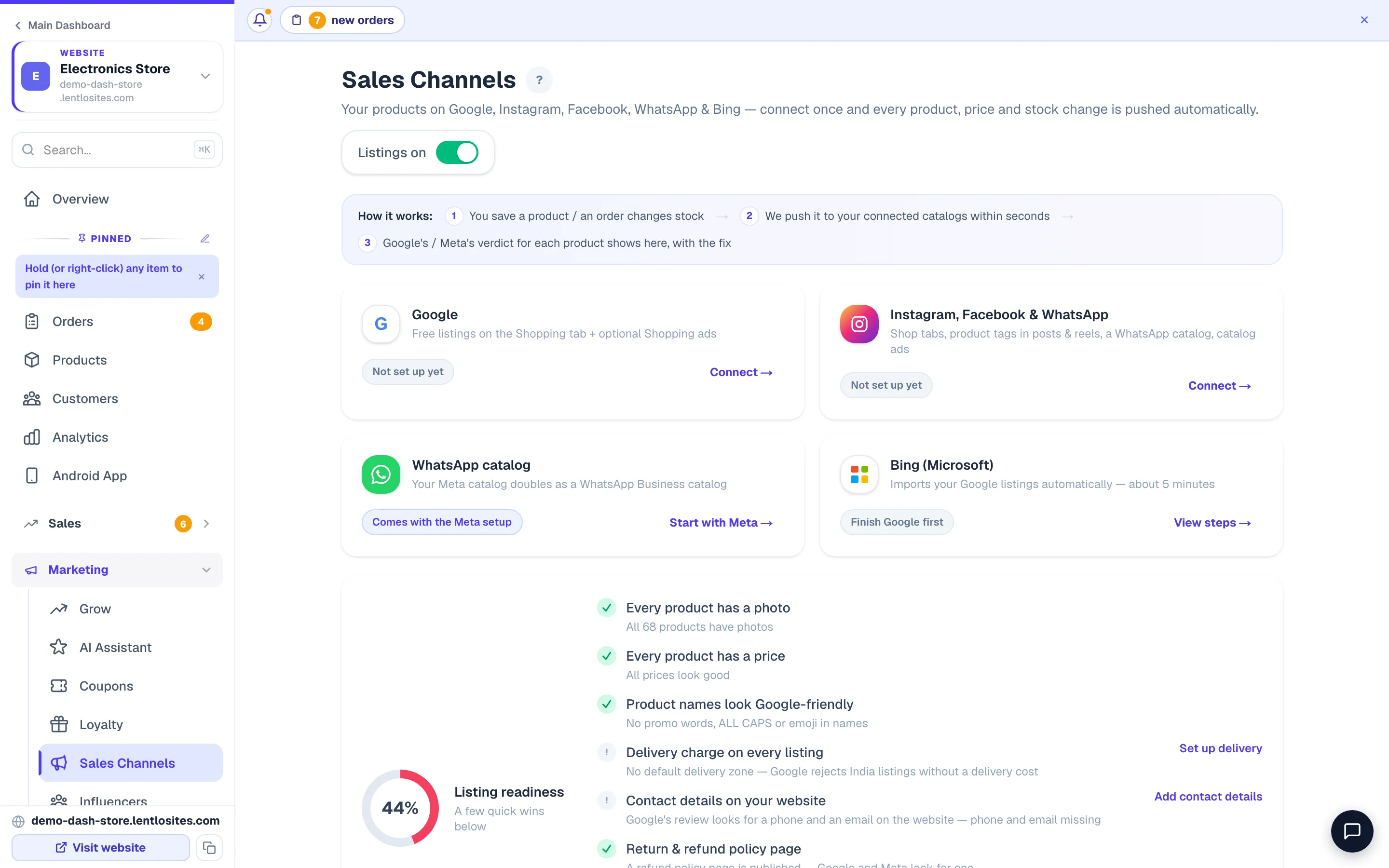 Sales channels — list your products on Google and Bing.