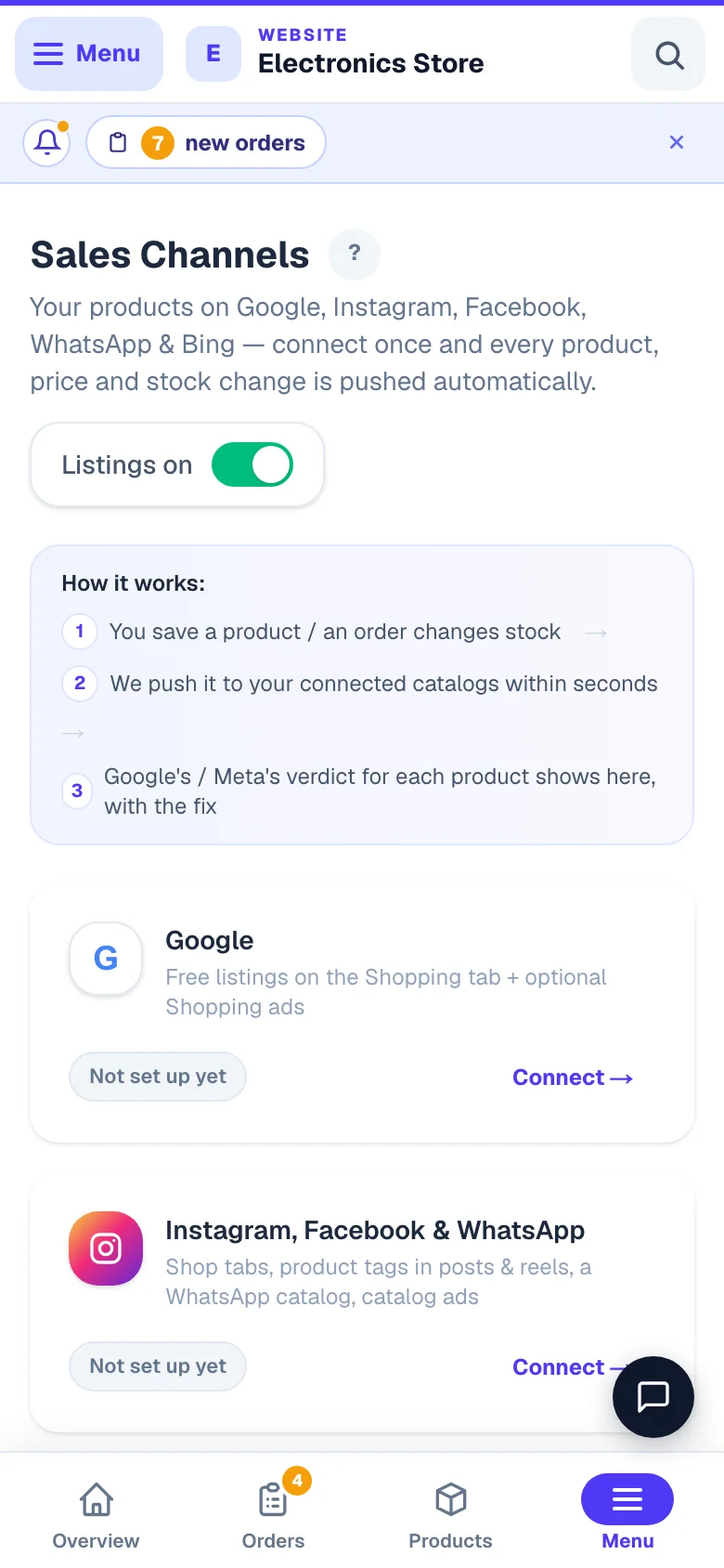 Sales channels — list your products on Google and Bing. — phone view