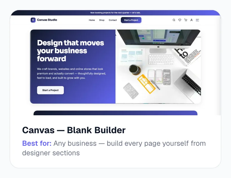 Every design card carries a plain “Best for” line — that line, not the sample photos, tells you what the design is built to do.