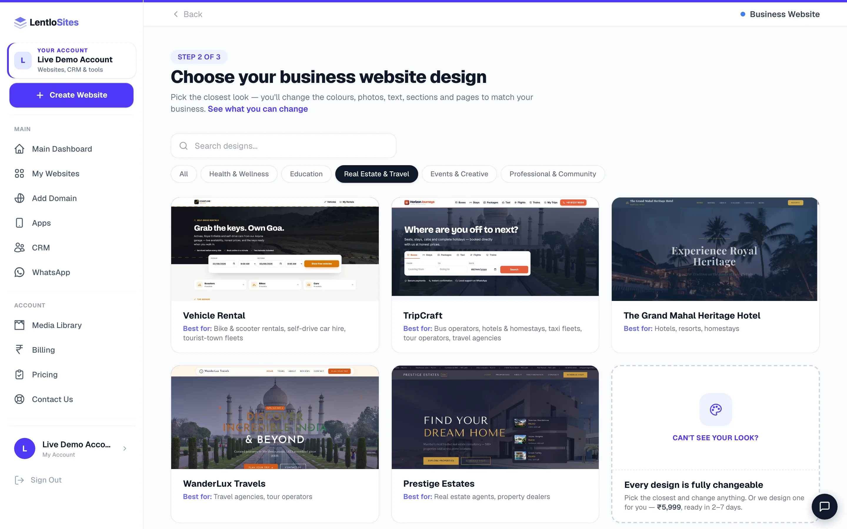 Travel, stay and property designs sit under Business Website — the Real Estate & Travel pill brings them up; the search box beside it reads each design’s keywords.