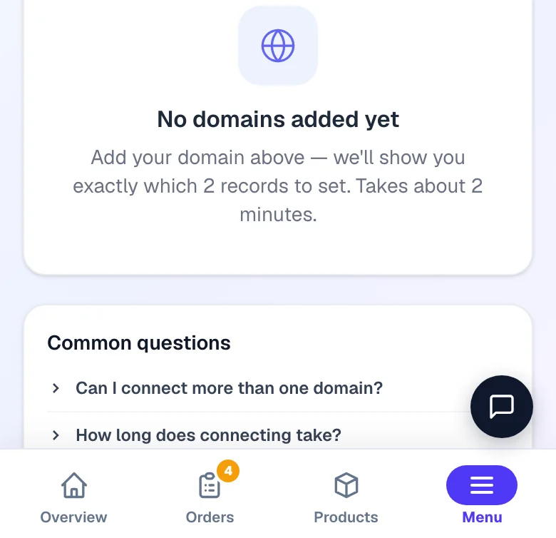 The questions people hit most while pointing a domain here. — phone view