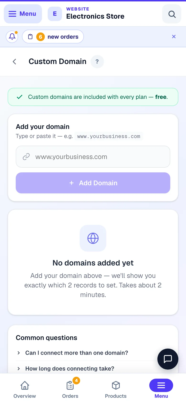 The Domains page — where you point your own .com at this website. — phone view
