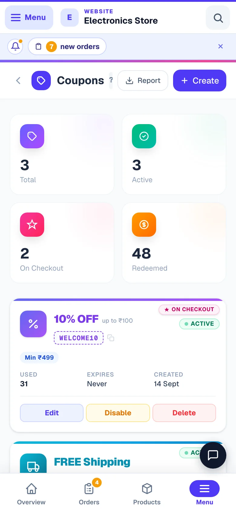 All your discount codes and how often each was used. — phone view
