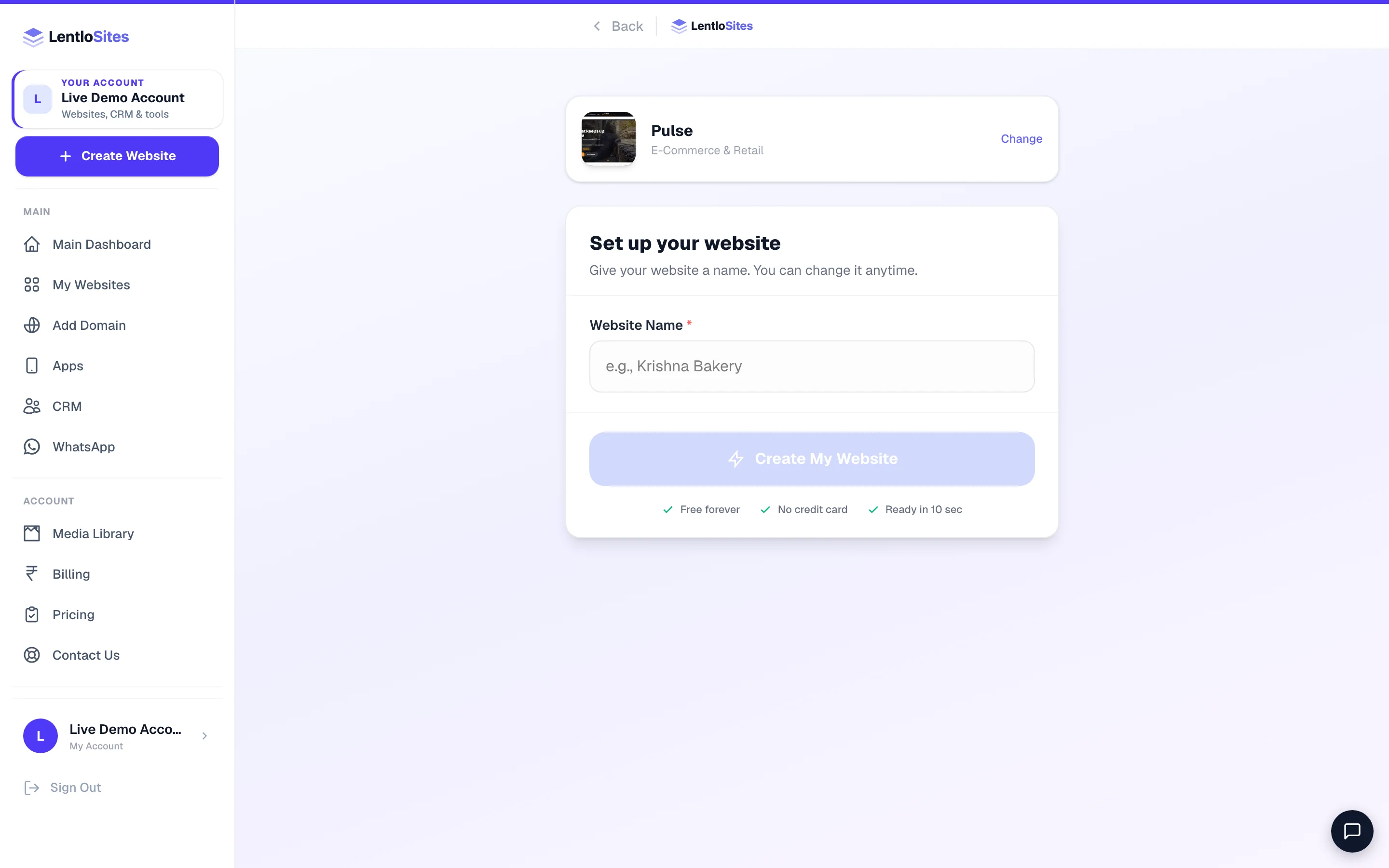 Name your website — the only thing we ask. Everything else is editable later.