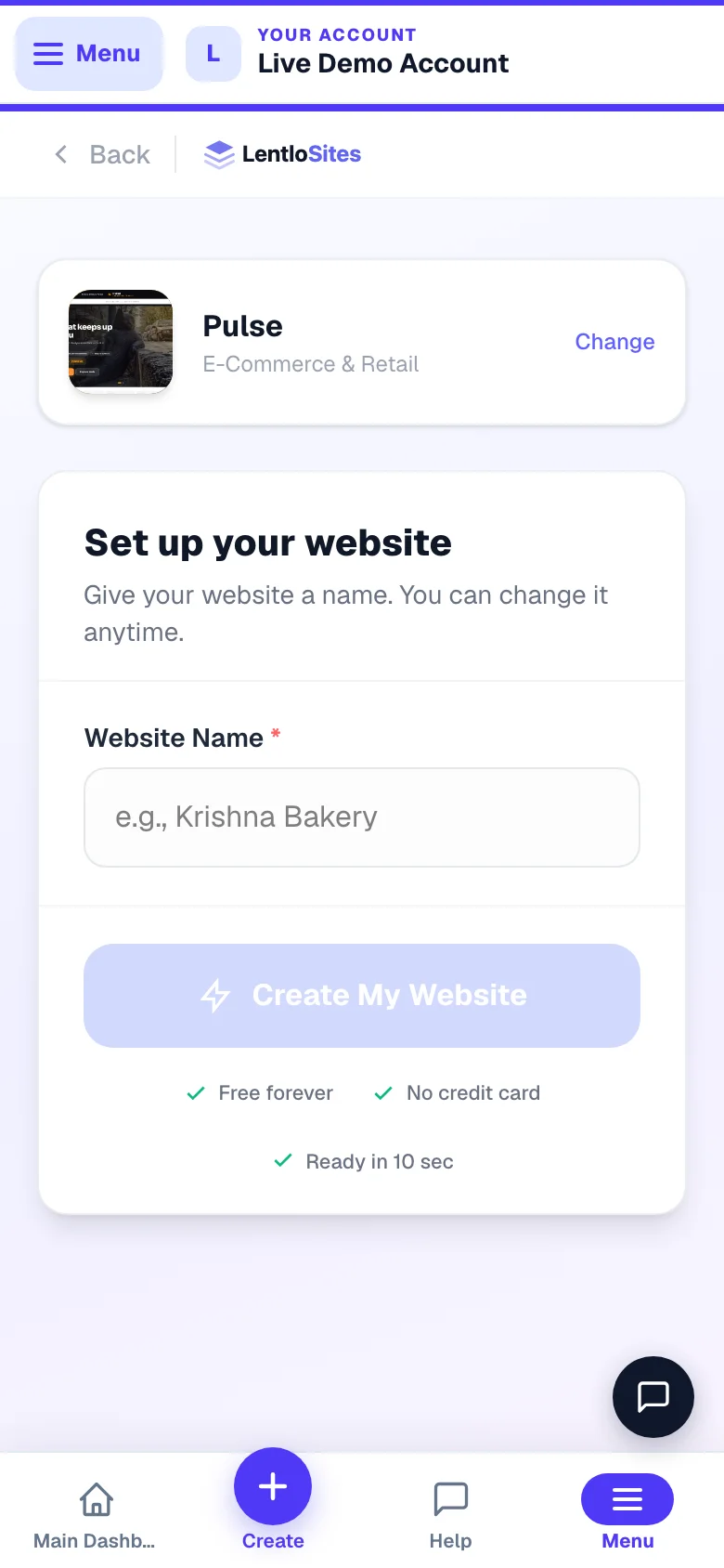 Name your website — the only thing we ask. Everything else is editable later. — phone view