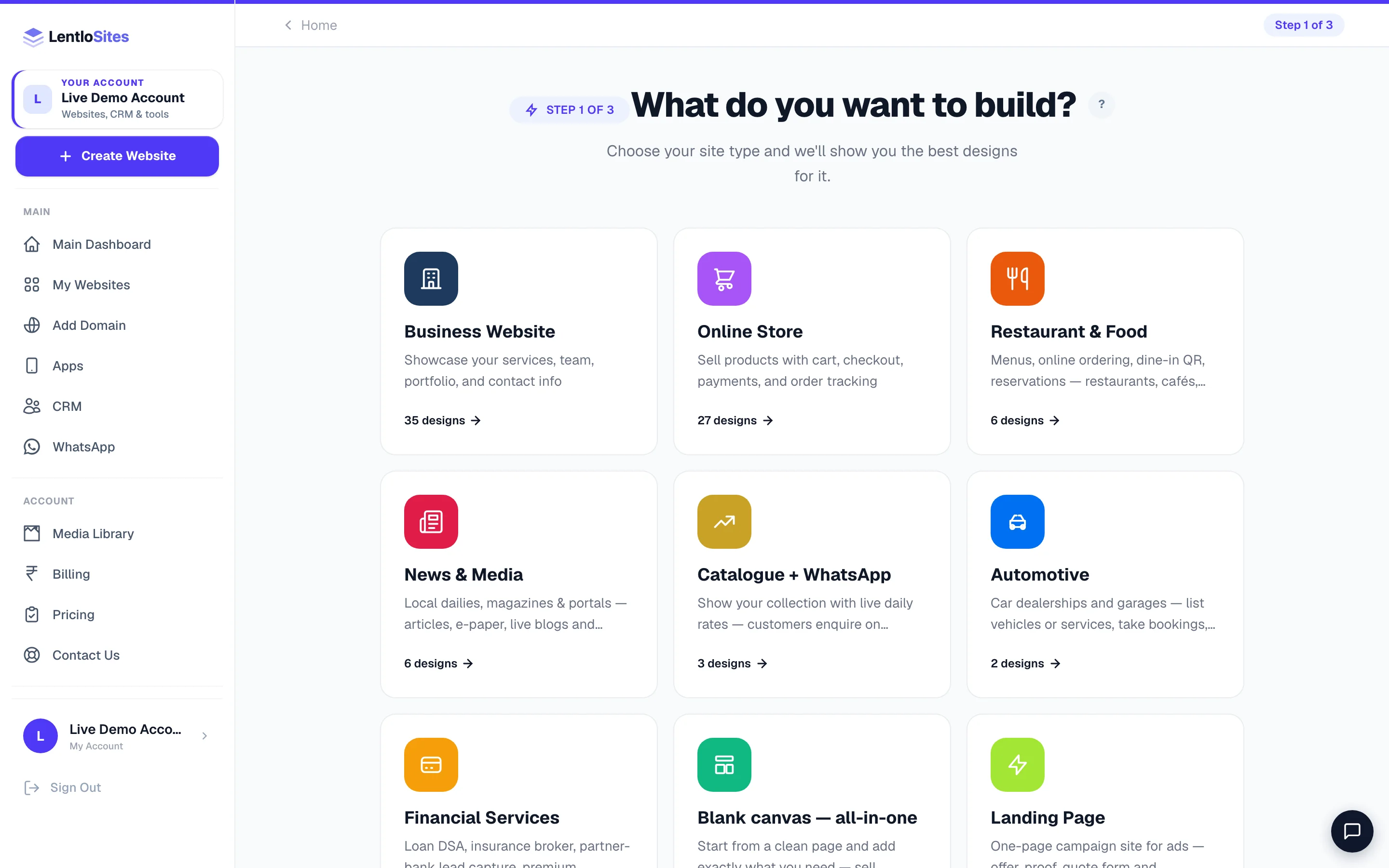 Pick the kind of business first — the designs you're shown match it.