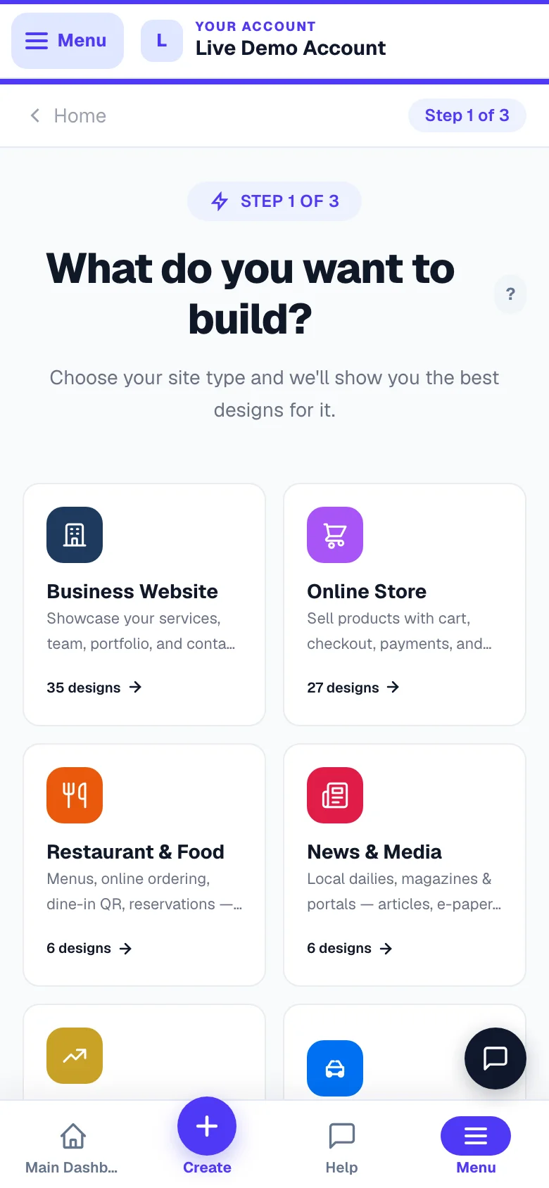Pick the kind of business first — the designs you're shown match it. — phone view