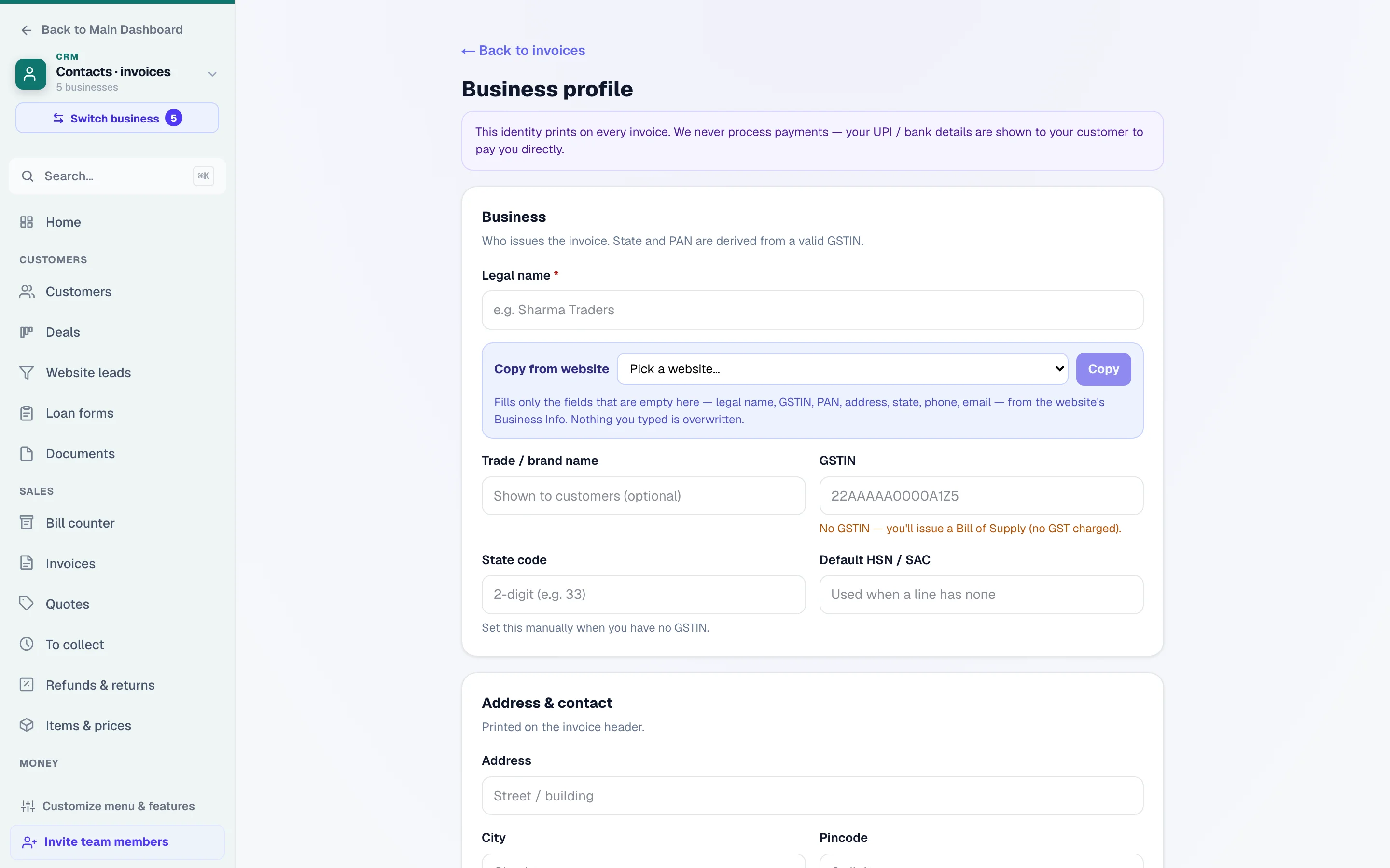 Your business profile — it appears on every invoice.